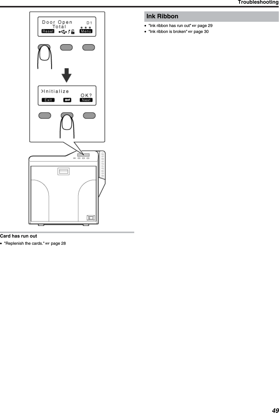 Card has run out●&quot;Replenish the cards.&quot; &apos; page 28Ink Ribbon●&quot;Ink ribbon has run out&quot; &apos; page 29●&quot;Ink ribbon is broken&quot; &apos; page 30Troubleshooting49