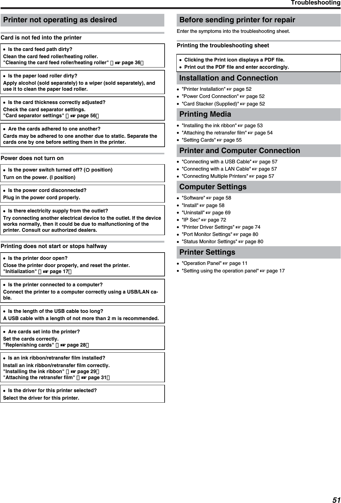 Printer not operating as desiredCard is not fed into the printer●●Is the card feed path dirty?Clean the card feed roller/heating roller.&quot;Cleaning the card feed roller/heating roller&quot; （&apos; page 36）●Is the paper load roller dirty?Apply alcohol (sold separately) to a wiper (sold separately), anduse it to clean the paper load roller.●Is the card thickness correctly adjusted?Check the card separator settings.&quot;Card separator settings&quot; （&apos; page 56）●Are the cards adhered to one another?Cards may be adhered to one another due to static. Separate thecards one by one before setting them in the printer.Power does not turn on●Is the power switch turned off? ({ position)Turn on the power. (I position)●Is the power cord disconnected?Plug in the power cord properly.●Is there electricity supply from the outlet?Try connecting another electrical device to the outlet. If the deviceworks normally, then it could be due to malfunctioning of theprinter. Consult our authorized dealers.Printing does not start or stops halfway●Is the printer door open?Close the printer door properly, and reset the printer.&quot;Initialization&quot; （&apos; page 17）●Is the printer connected to a computer?Connect the printer to a computer correctly using a USB/LAN ca-ble.●Is the length of the USB cable too long?A USB cable with a length of not more than 2 m is recommended.●Are cards set into the printer?Set the cards correctly.&quot;Replenishing cards&quot; （&apos; page 28）●Is an ink ribbon/retransfer film installed?Install an ink ribbon/retransfer film correctly.&quot;Installing the ink ribbon&quot; （&apos; page 29）&quot;Attaching the retransfer film&quot; （&apos; page 31）●Is the driver for this printer selected?Select the driver for this printer.Before sending printer for repairEnter the symptoms into the troubleshooting sheet.Printing the troubleshooting sheet●Clicking the Print icon displays a PDF file.●Print out the PDF file and enter accordingly.Installation and Connection●&quot;Printer Installation&quot; &apos; page 52●&quot;Power Cord Connection&quot; &apos; page 52●&quot;Card Stacker (Supplied)&quot; &apos; page 52Printing Media●&quot;Installing the ink ribbon&quot; &apos; page 53●&quot;Attaching the retransfer film&quot; &apos; page 54●&quot;Setting Cards&quot; &apos; page 55Printer and Computer Connection●&quot;Connecting with a USB Cable&quot; &apos; page 57●&quot;Connecting with a LAN Cable&quot; &apos; page 57●&quot;Connecting Multiple Printers&quot; &apos; page 57Computer Settings●&quot;Software&quot; &apos; page 58●&quot;Install&quot; &apos; page 58●&quot;Uninstall&quot; &apos; page 69●&quot;IP Sec&quot; &apos; page 72●&quot;Printer Driver Settings&quot; &apos; page 74●&quot;Port Monitor Settings&quot; &apos; page 80●&quot;Status Monitor Settings&quot; &apos; page 80Printer Settings●&quot;Operation Panel&quot; &apos; page 11●&quot;Setting using the operation panel&quot; &apos; page 17Troubleshooting51