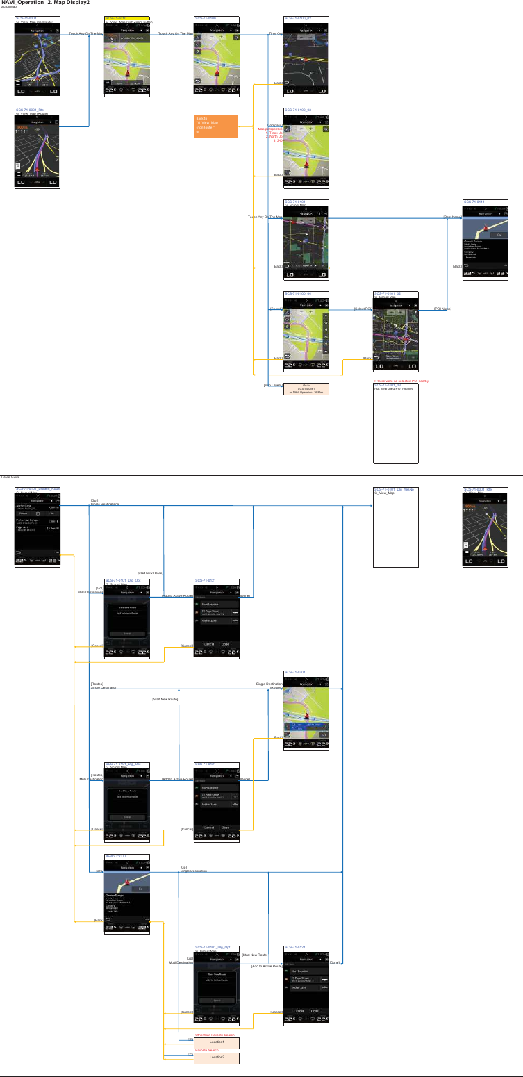 NAVI_Operation䚷2. Map Display2Scroll MapSCS-71-000 1 SCS-71-00 10 SCS-71-01 00 SCS-71 -0100_0 2G_View_Map (nonRoute) G_View_Map (with Zoom button)Touch Any On The Map Touch Any On The Map Time Out[Back]SCS-71-000 1_RteSCS-71-010 0_03G_View_Map (Route)[Compass]Map perspective1. Track Up2. North Up3. 3-D[Back]SCS-71-010 1 SCS-71-0111G_Scrool MapTouch Any On The Map [Dest Name][Back] [Back]SCS-71-010 0_04 SCS -71-0101_ 02G_Scrool Map[Search] [Select POI] [POI Name][Back] [Back]If there were no selected POI  nearby[Map Layers] SCS-71-010 1_03Not Searched POI NearbyRoute GuideSCS-71-010 1_LstI tem_Route SCS-71-0101_Dlg_YesNoSCS-71-000 1_RteG_Scrool Map G_View_Map G_View_Map[Go!]Single Destinations[Start New Route]SCS-71-010 1_Dlg_Opt SCS-71-01 21G_Scrool Map[Go!]Multi Destinations[Add to Active Route] [Done][Cancel] [Cancel]SCS-71-020 1[Routes] Single DestinationSingle Destination [Routes][Start New Route][Back]SCS-71-010 1_Dlg_Opt SCS-71-01 21G_Scrool Map[Routes]Multi Destination [Add to Active Route] [Done][Cancel] [Cancel]SCS-71-011 1[Go][info] Single Destination[Back]SCS-71-010 1_Dlg_Opt SCS-71-01 21G_Scrool Map[Start New Route][Go]Multi Destination [Done][Add to Active Route][Cancel] [Cancel]Other than Favorite Search[୕]Favorite Search[୕]Go toSCS-74-0561on NAVI Operation䚷16.MapLocation1Location2Back to &quot;G_View_Map (nonRoute)&quot; or 