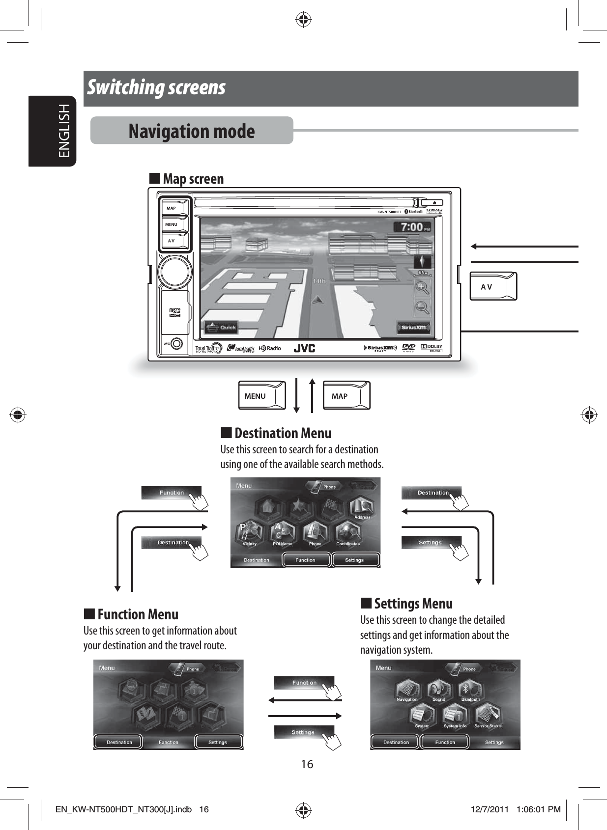 ENGLISH16Switching screensNavigation modeMap screen■Function MenuUse this screen to get information about your destination and the travel route. ■Settings MenuUse this screen to change the detailed settings and get information about the navigation system.■Destination MenuUse this screen to search for a destination using one of the available search methods.■EN_KW-NT500HDT_NT300[J].indb   16EN_KW-NT500HDT_NT300[J].indb   1612/7/2011   1:06:01 PM12/7/2011   1:06:01 PM