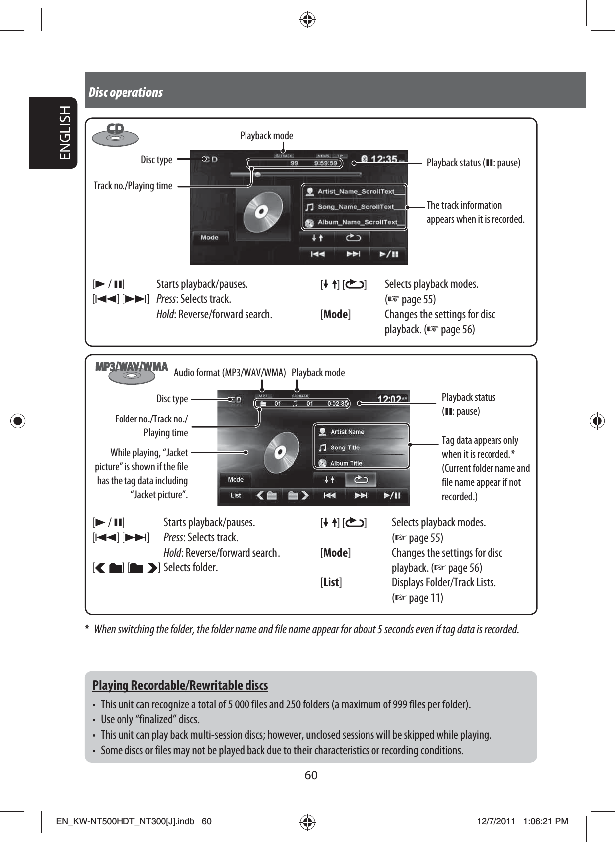 60ENGLISHDisc operations[ ] [ ] Selects playback modes. (☞ page 55)[Mode] Changes the settings for disc playback. (☞ page 56)Track no./Playing timePlayback modeDisc typeThe track information appears when it is recorded.[3 / 8] Starts playback/pauses.[4] [¢]Press: Selects track.Hold: Reverse/forward search. *  When switching the folder, the folder name and file name appear for about 5 seconds even if tag data is recorded.Audio format (MP3/WAV/WMA)While playing, “Jacket picture” is shown if the file has the tag data including “Jacket picture”.[3 / 8] Starts playback/pauses.[4] [¢]Press: Selects track.Hold: Reverse/forward search .[] [ ] Selects folder.Folder no./Track no./Playing timePlayback modeDisc typeTag data appears only when it is recorded. *(Current folder name and file name appear if not recorded.)[ ] [ ] Selects playback modes. (☞ page 55)[Mode] Changes the settings for disc playback. (☞ page 56)[List] Displays Folder/Track Lists. (☞ page 11)Playing Recordable/Rewritable discs•  This unit can recognize a total of 5 000 files and 250 folders (a maximum of 999 files per folder).•  Use only “finalized” discs.•  This unit can play back multi-session discs; however, unclosed sessions will be skipped while playing.•  Some discs or files may not be played back due to their characteristics or recording conditions.Playback status (8: pause)Playback status (8: pause)EN_KW-NT500HDT_NT300[J].indb   60EN_KW-NT500HDT_NT300[J].indb   6012/7/2011   1:06:21 PM12/7/2011   1:06:21 PM