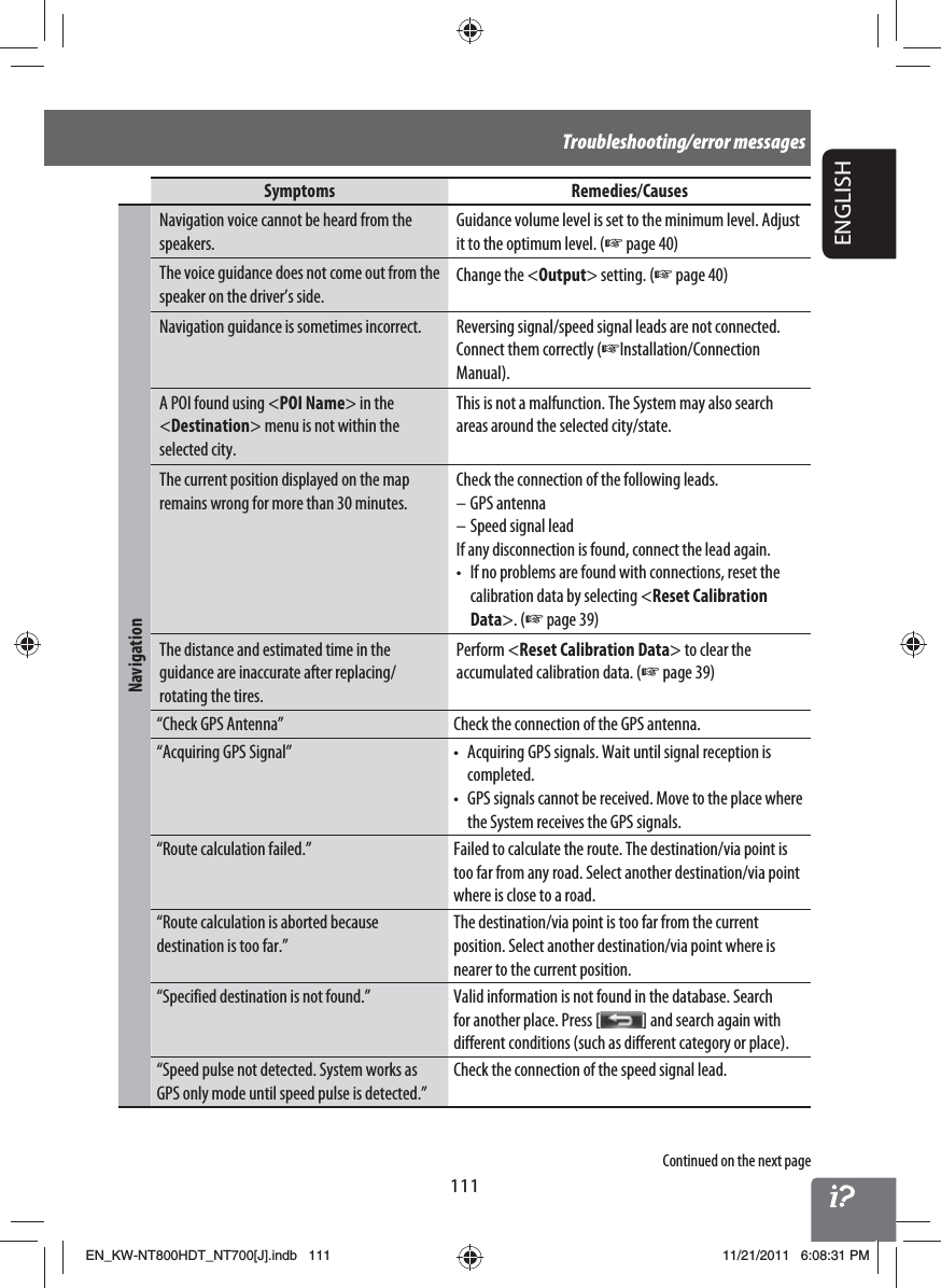 111ENGLISHTroubleshooting/error messagesSymptoms Remedies/CausesNavigationNavigation voice cannot be heard from the speakers.Guidance volume level is set to the minimum level. Adjust it to the optimum level. (☞ page 40)The voice guidance does not come out from the speaker on the driver’s side.Change the &lt;Output&gt; setting. (☞ page 40)Navigation guidance is sometimes incorrect. Reversing signal/speed signal leads are not connected. Connect them correctly (☞Installation/Connection Manual).A POI found using &lt;POI Name&gt; in the &lt;Destination&gt; menu is not within the selected city.This is not a malfunction. The System may also search areas around the selected city/state.The current position displayed on the map remains wrong for more than 30 minutes.Check the connection of the following leads.– GPS antenna– Speed signal leadIf any disconnection is found, connect the lead again.•  If no problems are found with connections, reset the calibration data by selecting &lt;Reset Calibration Data&gt;. (☞ page 39)The distance and estimated time in the guidance are inaccurate after replacing/rotating the tires.Perform &lt;Reset Calibration Data&gt; to clear the accumulated calibration data. (☞ page 39)“Check GPS Antenna” Check the connection of the GPS antenna.“Acquiring GPS Signal” •  Acquiring GPS signals. Wait until signal reception is completed.•  GPS signals cannot be received. Move to the place where the System receives the GPS signals.“Route calculation failed.” Failed to calculate the route. The destination/via point is too far from any road. Select another destination/via point where is close to a road.“Route calculation is aborted because destination is too far.”The destination/via point is too far from the current position. Select another destination/via point where is nearer to the current position.“Specified destination is not found.” Valid information is not found in the database. Search for another place. Press [ ] and search again with different conditions (such as different category or place).“Speed pulse not detected. System works as GPS only mode until speed pulse is detected.”Check the connection of the speed signal lead.Continued on the next pageEN_KW-NT800HDT_NT700[J].indb   111EN_KW-NT800HDT_NT700[J].indb   11111/21/2011   6:08:31 PM11/21/2011   6:08:31 PM