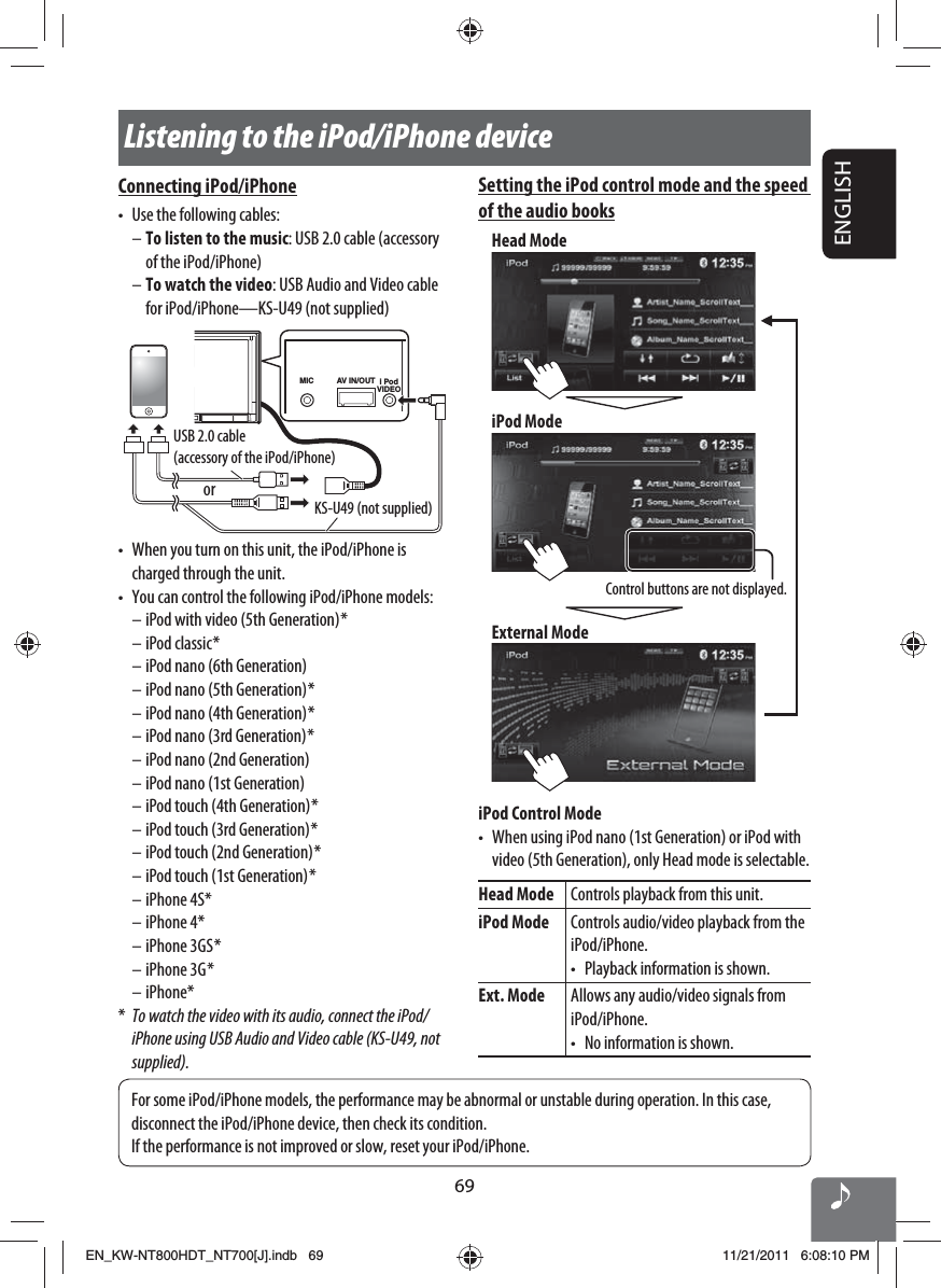 69ENGLISHListening to the iPod/iPhone deviceConnecting iPod/iPhone•  Use the following cables:– To listen to the music: USB 2.0 cable (accessory of the iPod/iPhone)– To watch the video: USB Audio and Video cable for iPod/iPhone—KS-U49 (not supplied)AV IN/OUTMIC i PodVIDEOUSB 2.0 cable (accessory of the iPod/iPhone)KS-U49 (not supplied)or•  When you turn on this unit, the iPod/iPhone is charged through the unit.•  You can control the following iPod/iPhone models:– iPod with video (5th Generation) *– iPod classic *– iPod nano (6th Generation)– iPod nano (5th Generation) *– iPod nano (4th Generation) *– iPod nano (3rd Generation) *– iPod nano (2nd Generation)– iPod nano (1st Generation)– iPod touch (4th Generation) *– iPod touch (3rd Generation) *– iPod touch (2nd Generation) *– iPod touch (1st Generation) *– iPhone 4S*– iPhone 4*– iPhone 3GS *– iPhone 3G *– iPhone**  To watch the video with its audio, connect the iPod/iPhone using USB Audio and Video cable (KS-U49, not supplied).Setting the iPod control mode and the speed of the audio booksHead ModeExternal ModeiPod ModeControl buttons are not displayed.iPod Control Mode•  When using iPod nano (1st Generation) or iPod with video (5th Generation), only Head mode is selectable.Head Mode Controls playback from this unit.iPod Mode Controls audio/video playback from the iPod/iPhone.•  Playback information is shown.Ext. Mode Allows any audio/video signals from iPod/iPhone.•  No information is shown.For some iPod/iPhone models, the performance may be abnormal or unstable during operation. In this case, disconnect the iPod/iPhone device, then check its condition.If the performance is not improved or slow, reset your iPod/iPhone.EN_KW-NT800HDT_NT700[J].indb   69EN_KW-NT800HDT_NT700[J].indb   6911/21/2011   6:08:10 PM11/21/2011   6:08:10 PM