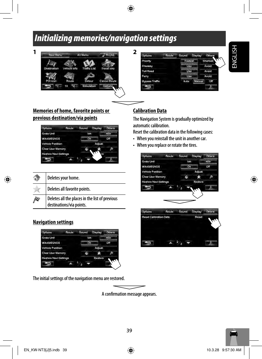 39ENGLISHInitializing memories/navigation settings1 2 Memories of home, favorite points or previous destination/via pointsDeletes your home.Deletes all favorite points.Deletes all the places in the list of previous destinations/via points.Navigation settingsThe initial settings of the navigation menu are restored.A confirmation message appears.Calibration DataThe Navigation System is gradually optimized by automatic calibration.Reset the calibration data in the following cases:•  When you reinstall the unit in another car.•  When you replace or rotate the tires.EN_KW-NT3[J]5.indb   39EN_KW-NT3[J]5.indb   39 10.3.28   9:57:30 AM10.3.28   9:57:30 AM