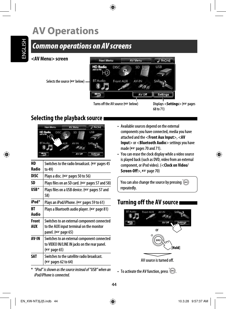 44ENGLISHCommon operations on AV screensHD RadioSwitches to the radio broadcast. (☞ pages 45 to 49)DISC Plays a disc. (☞ pages 50 to 56)SD Plays files on an SD card. (☞ pages 57 and 58)USB *Plays files on a USB device. (☞ pages 57 and 58)iPod *Plays an iPod/iPhone. (☞ pages 59 to 61)BT AudioPlays a Bluetooth audio player. (☞ page 81)Front AUXSwitches to an external component connected to the AUX input terminal on the monitor panel. (☞ page 65)AV-IN Switches to an external component connected to VIDEO IN/LINE IN jacks on the rear panel. (☞ page 65)SAT Switches to the satellite radio broadcast. (☞ pages 62 to 64)*  “iPod” is shown as the source instead of “USB” when an iPod/iPhone is connected.or&lt;AV Menu&gt; screenSelects the source (☞ below)Displays &lt;Settings&gt; (☞ pages 68 to 71)Turns off the AV source (☞ below)Turning off the AV source AV source is turned off.•  To activate the AV function, press  .AV Operations[Hold]Selecting the playback source •  Available sources depend on the external components you have connected, media you have attached and the &lt;Front Aux Input&gt;, &lt;AV Input&gt; or &lt;Bluetooth Audio&gt; settings you have made (☞ pages 70 and 71).•  You can erase the clock display while a video source is played back (such as DVD, video from an external component, or iPod video). (&lt;Clock on Video/Screen-Off&gt;, ☞ page 70)You can also change the source by pressing   repeatedly.EN_KW-NT3[J]5.indb   44EN_KW-NT3[J]5.indb   44 10.3.28   9:57:37 AM10.3.28   9:57:37 AM