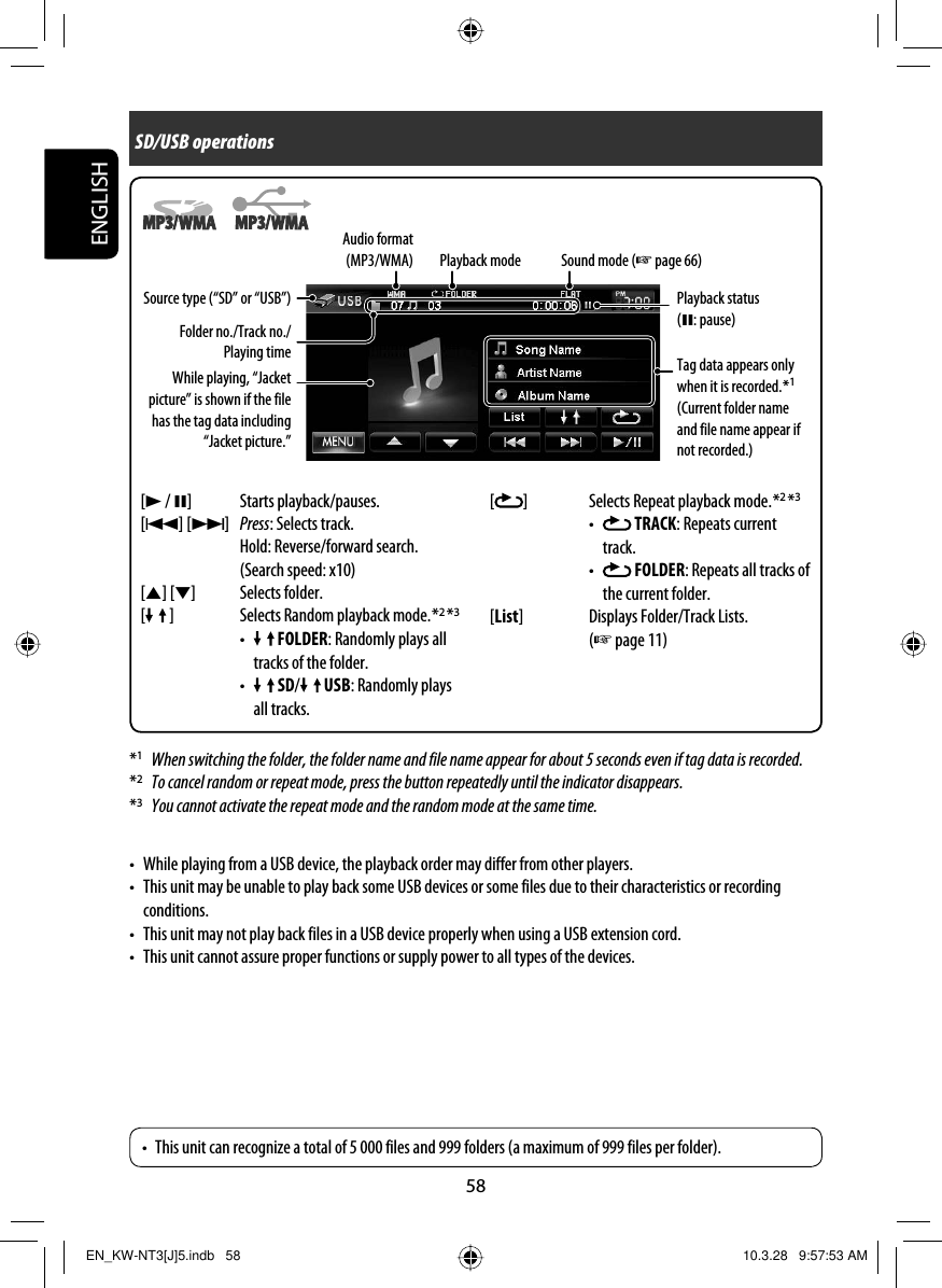 58ENGLISH*1  When switching the folder, the folder name and file name appear for about 5 seconds even if tag data is recorded.*2  To cancel random or repeat mode, press the button repeatedly until the indicator disappears.*3  You cannot activate the repeat mode and the random mode at the same time.Source type (“SD” or “USB”)[ ] Selects Repeat playback mode. *2  *3•   TRACK: Repeats current track.•   FOLDER: Repeats all tracks of the current folder.[List] Displays Folder/Track Lists. (☞ page 11)Audio format (MP3/WMA)While playing, “Jacket picture” is shown if the file has the tag data including “Jacket picture.”Folder no./Track no./Playing timePlayback mode Sound mode (☞ page 66)[3 / 8] Starts playback/pauses.[4] [¢]Press: Selects track.Hold: Reverse/forward search.(Search speed: x10)[5] [∞] Selects folder. [ ] Selects Random playback mode. *2  * 3•   FOLDER: Randomly plays all tracks of the folder.•   SD/ USB: Randomly plays all tracks.•  This unit can recognize a total of 5 000 files and 999 folders (a maximum of 999 files per folder).Tag data appears only when it is recorded. *1(Current folder name and file name appear if not recorded.)Playback status (8: pause)SD/USB operations•  While playing from a USB device, the playback order may differ from other players.•  This unit may be unable to play back some USB devices or some files due to their characteristics or recording conditions.•  This unit may not play back files in a USB device properly when using a USB extension cord.•  This unit cannot assure proper functions or supply power to all types of the devices. EN_KW-NT3[J]5.indb   58EN_KW-NT3[J]5.indb   58 10.3.28   9:57:53 AM10.3.28   9:57:53 AM