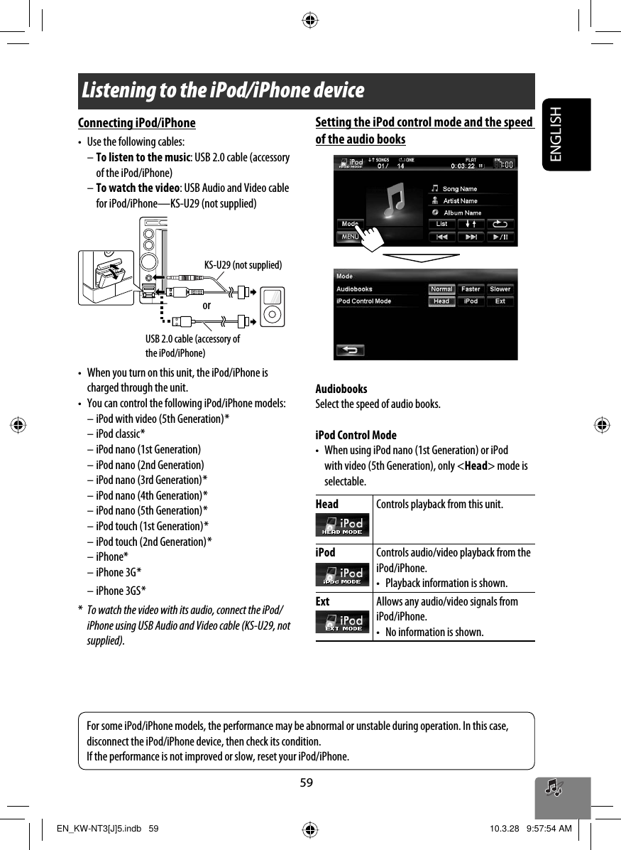 59ENGLISHListening to the iPod/iPhone deviceConnecting iPod/iPhone•  Use the following cables:– To listen to the music: USB 2.0 cable (accessory of the iPod/iPhone)– To watch the video: USB Audio and Video cable for iPod/iPhone—KS-U29 (not supplied)•  When you turn on this unit, the iPod/iPhone is charged through the unit.•  You can control the following iPod/iPhone models:– iPod with video (5th Generation) *– iPod classic *– iPod nano (1st Generation)– iPod nano (2nd Generation)– iPod nano (3rd Generation) *– iPod nano (4th Generation) *– iPod nano (5th Generation) *– iPod touch (1st Generation) *– iPod touch (2nd Generation) *– iPhone*– iPhone 3G *– iPhone 3GS **  To watch the video with its audio, connect the iPod/iPhone using USB Audio and Video cable (KS-U29, not supplied).Setting the iPod control mode and the speed of the audio booksAudiobooksSelect the speed of audio books.iPod Control Mode•  When using iPod nano (1st Generation) or iPod with video (5th Generation), only &lt;Head&gt; mode is selectable.Head Controls playback from this unit.iPod Controls audio/video playback from the iPod/iPhone.•  Playback information is shown.Ext Allows any audio/video signals from iPod/iPhone.•  No information is shown.For some iPod/iPhone models, the performance may be abnormal or unstable during operation. In this case, disconnect the iPod/iPhone device, then check its condition.If the performance is not improved or slow, reset your iPod/iPhone.USB 2.0 cable (accessory of the iPod/iPhone)KS-U29 (not supplied)orEN_KW-NT3[J]5.indb   59EN_KW-NT3[J]5.indb   59 10.3.28   9:57:54 AM10.3.28   9:57:54 AM
