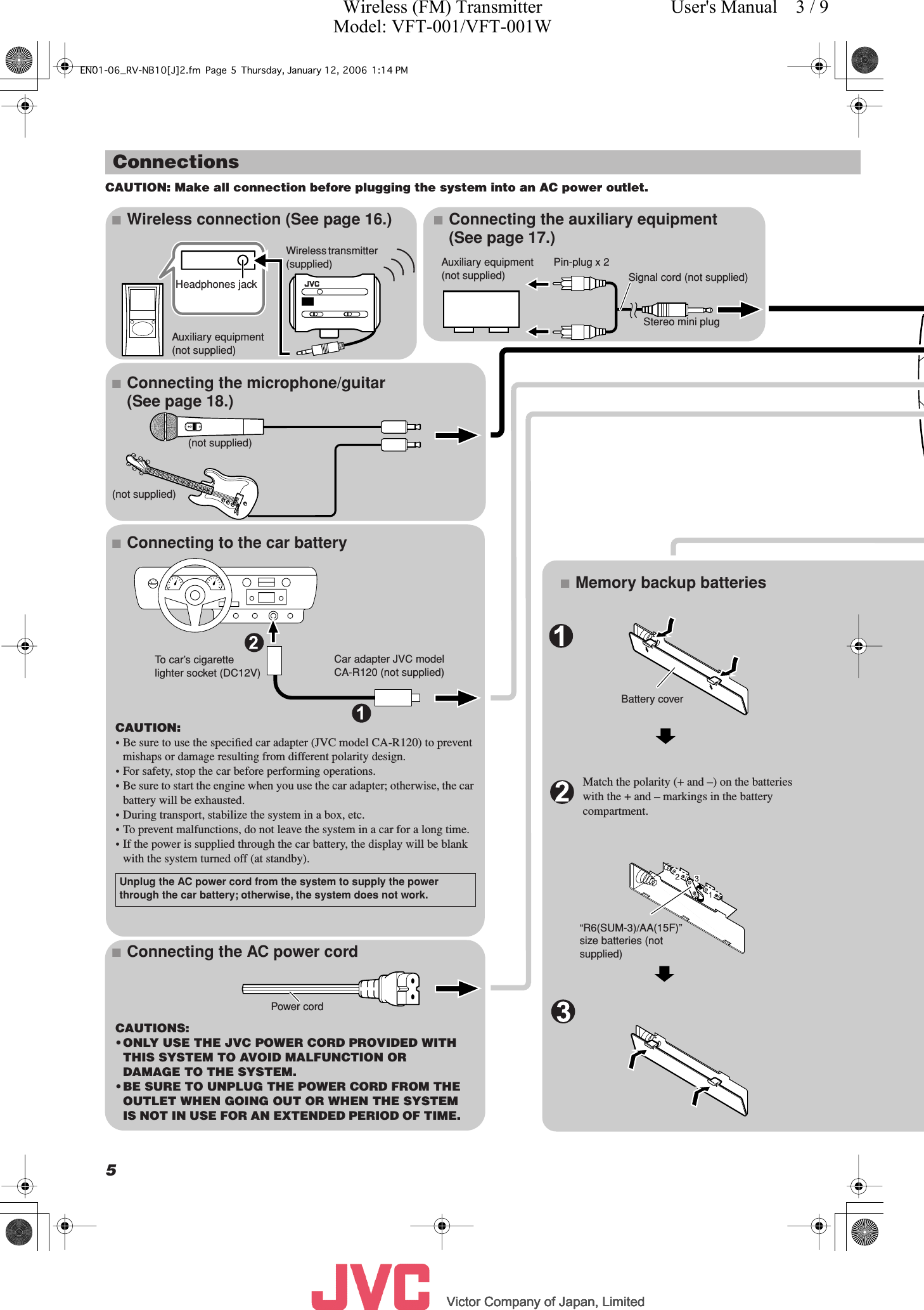          Victor Company of Japan, LimitedVictor Company of Japan, LimitedVictor Company of Japan, LimitedVictor Company of Japan, Limited     5 Connections■Connecting the microphone/guitar (See page 18.)■Connecting the auxiliary equipment (See page 17.)■Connecting the AC power cord■Connecting to the car batteryPower cordCAUTIONS:• ONLY USE THE JVC POWER CORD PROVIDED WITH THIS SYSTEM TO AVOID MALFUNCTION OR DAMAGE TO THE SYSTEM.•BE SURE TO UNPLUG THE POWER CORD FROM THE OUTLET WHEN GOING OUT OR WHEN THE SYSTEM IS NOT IN USE FOR AN EXTENDED PERIOD OF TIME. CAUTION:• Be sure to use the speciﬁed car adapter (JVC model CA-R120) to prevent mishaps or damage resulting from different polarity design.•For safety, stop the car before performing operations.•Be sure to start the engine when you use the car adapter; otherwise, the car battery will be exhausted.• During transport, stabilize the system in a box, etc.•To prevent malfunctions, do not leave the system in a car for a long time.• If the power is supplied through the car battery, the display will be blank with the system turned off (at standby). Unplug the AC power cord from the system to supply the power through the car battery; otherwise, the system does not work.■Memory backup batteries“R6(SUM-3)/AA(15F)” size batteries (not supplied)Match the polarity (+ and –) on the batteries with the + and – markings in the battery compartment.Battery coverTo car’s cigarette lighter socket (DC12V)Car adapter JVC model CA-R120 (not supplied)(not supplied)(not supplied)Auxiliary equipment (not supplied)Headphones jack■Wireless connection (See page 16.)Auxiliary equipment (not supplied)Wireless transmitter (supplied) Pin-plug x 2Signal cord (not supplied)Stereo mini plug CAUTION: Make all connection before plugging the system into an AC power outlet.EN01-06_RV-NB10[J]2.fm Page 5 Thursday, January 12, 2006 1:14 PMWireless (FM) TransmitterModel: VFT-001/VFT-001WUser&apos;s Manual    3 / 9