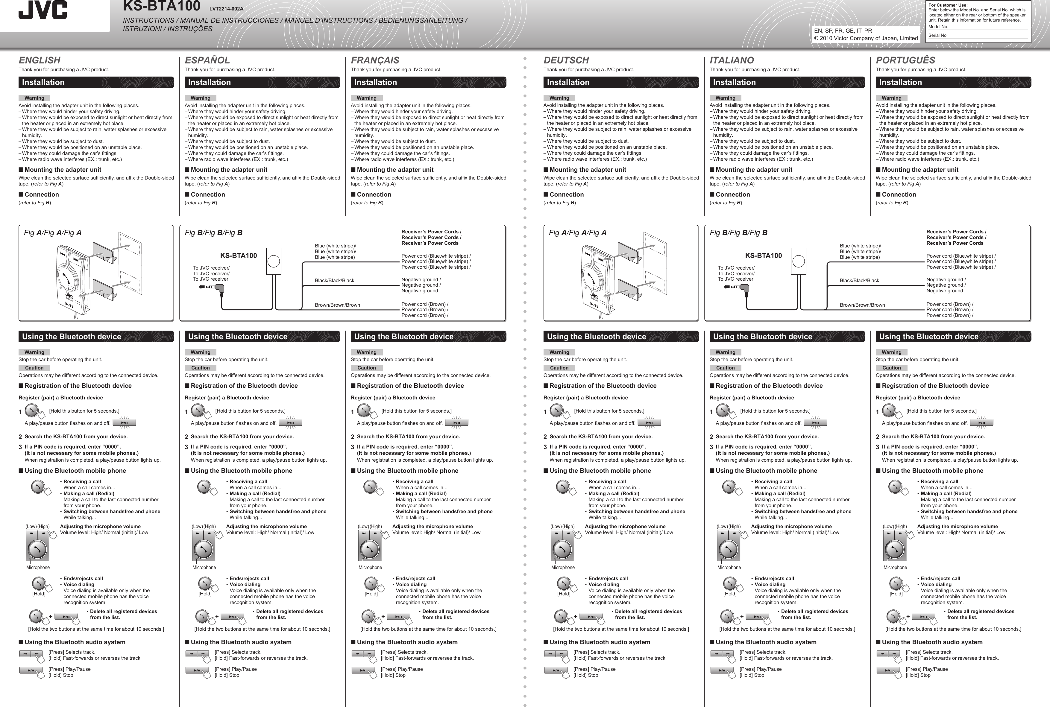 INSTRUCTIONS / MANUAL DE INSTRUCCIONES / MANUEL D’INSTRUCTIONS / BEDIENUNGSANLEITUNG / ISTRUZIONI / INSTRUÇÕESLVT2214-002AKS-BTA100EN, SP, FR, GE, IT, PR© 2010 Victor Company of Japan, LimitedFor Customer Use:Enter below the Model No. and Serial No. which is located either on the rear or bottom of the speaker unit. Retain this information for future reference.Model No.Serial No.Using the Bluetooth deviceWarningStop the car before operating the unit.CautionOperations may be different according to the connected device.Registration of the Bluetooth deviceRegister (pair) a Bluetooth device1 [Hold this button for 5 seconds.]A play/pause button flashes on and off. 2  Search the KS-BTA100 from your device.3  If a PIN code is required, enter “0000”.  (It is not necessary for some mobile phones.)When registration is completed, a play/pause button lights up.Using the Bluetooth mobile phoneReceiving a callWhen a call comes in...Making a call (Redial)Making a call to the last connected number from your phone.Switching between handsfree and phoneWhile talking...•••(Low) (High)MicrophoneAdjusting the microphone volumeVolume level: High/ Normal (initial)/ Low[Hold]Ends/rejects callVoice dialingVoice dialing is available only when the connected mobile phone has the voice recognition system.••Delete all registered devices from the list.•[Hold the two buttons at the same time for about 10 seconds.]Using the Bluetooth audio system[Press] Selects track.[Hold] Fast-forwards or reverses the track.[Press] Play/Pause[Hold] Stop■■■Fig A/Fig A/Fig AFig B/Fig B/Fig BTo JVC receiver/To JVC receiver/To JVC receiverKS-BTA100Brown/Brown/BrownBlack/Black/BlackBlue (white stripe)/Blue (white stripe)/Blue (white stripe)Receiver’s Power Cords /  Receiver’s Power Cords /  Receiver’s Power CordsENGLISHThank you for purchasing a JVC product.InstallationWarningAvoid installing the adapter unit in the following places.Where they would hinder your safety driving.Where they would be exposed to direct sunlight or heat directly from the heater or placed in an extremely hot place.Where they would be subject to rain, water splashes or excessive humidity.Where they would be subject to dust.Where they would be positioned on an unstable place.Where they could damage the car’s ttings.Where radio wave interferes (EX.: trunk, etc.)Mounting the adapter unitWipe clean the selected surface sufficiently, and affix the Double-sided tape. (refer to Fig A)Connection(refer to Fig B)–––––––■■Power cord (Blue,white stripe) /Power cord (Blue,white stripe) /Power cord (Blue,white stripe) /Negative ground /Negative ground /Negative groundPower cord (Brown) /Power cord (Brown) /Power cord (Brown) /ESPAÑOLThank you for purchasing a JVC product.InstallationWarningAvoid installing the adapter unit in the following places.Where they would hinder your safety driving.Where they would be exposed to direct sunlight or heat directly from the heater or placed in an extremely hot place.Where they would be subject to rain, water splashes or excessive humidity.Where they would be subject to dust.Where they would be positioned on an unstable place.Where they could damage the car’s ttings.Where radio wave interferes (EX.: trunk, etc.)Mounting the adapter unitWipe clean the selected surface sufficiently, and affix the Double-sided tape. (refer to Fig A)Connection(refer to Fig B)–––––––■■FRANÇAISThank you for purchasing a JVC product.InstallationWarningAvoid installing the adapter unit in the following places.Where they would hinder your safety driving.Where they would be exposed to direct sunlight or heat directly from the heater or placed in an extremely hot place.Where they would be subject to rain, water splashes or excessive humidity.Where they would be subject to dust.Where they would be positioned on an unstable place.Where they could damage the car’s ttings.Where radio wave interferes (EX.: trunk, etc.)Mounting the adapter unitWipe clean the selected surface sufficiently, and affix the Double-sided tape. (refer to Fig A)Connection(refer to Fig B)–––––––■■Fig A/Fig A/Fig AFig B/Fig B/Fig BTo JVC receiver/To JVC receiver/To JVC receiverKS-BTA100Brown/Brown/BrownBlack/Black/BlackBlue (white stripe)/Blue (white stripe)/Blue (white stripe)Receiver’s Power Cords /  Receiver’s Power Cords /  Receiver’s Power CordsDEUTSCHThank you for purchasing a JVC product.InstallationWarningAvoid installing the adapter unit in the following places.Where they would hinder your safety driving.Where they would be exposed to direct sunlight or heat directly from the heater or placed in an extremely hot place.Where they would be subject to rain, water splashes or excessive humidity.Where they would be subject to dust.Where they would be positioned on an unstable place.Where they could damage the car’s ttings.Where radio wave interferes (EX.: trunk, etc.)Mounting the adapter unitWipe clean the selected surface sufficiently, and affix the Double-sided tape. (refer to Fig A)Connection(refer to Fig B)–––––––■■Power cord (Blue,white stripe) /Power cord (Blue,white stripe) /Power cord (Blue,white stripe) /Negative ground /Negative ground /Negative groundPower cord (Brown) /Power cord (Brown) /Power cord (Brown) /ITALIANOThank you for purchasing a JVC product.InstallationWarningAvoid installing the adapter unit in the following places.Where they would hinder your safety driving.Where they would be exposed to direct sunlight or heat directly from the heater or placed in an extremely hot place.Where they would be subject to rain, water splashes or excessive humidity.Where they would be subject to dust.Where they would be positioned on an unstable place.Where they could damage the car’s ttings.Where radio wave interferes (EX.: trunk, etc.)Mounting the adapter unitWipe clean the selected surface sufficiently, and affix the Double-sided tape. (refer to Fig A)Connection(refer to Fig B)–––––––■■PORTUGUÊSThank you for purchasing a JVC product.InstallationWarningAvoid installing the adapter unit in the following places.Where they would hinder your safety driving.Where they would be exposed to direct sunlight or heat directly from the heater or placed in an extremely hot place.Where they would be subject to rain, water splashes or excessive humidity.Where they would be subject to dust.Where they would be positioned on an unstable place.Where they could damage the car’s ttings.Where radio wave interferes (EX.: trunk, etc.)Mounting the adapter unitWipe clean the selected surface sufficiently, and affix the Double-sided tape. (refer to Fig A)Connection(refer to Fig B)–––––––■■Using the Bluetooth deviceWarningStop the car before operating the unit.CautionOperations may be different according to the connected device.Registration of the Bluetooth deviceRegister (pair) a Bluetooth device1 [Hold this button for 5 seconds.]A play/pause button flashes on and off. 2  Search the KS-BTA100 from your device.3  If a PIN code is required, enter “0000”.  (It is not necessary for some mobile phones.)When registration is completed, a play/pause button lights up.Using the Bluetooth mobile phoneReceiving a callWhen a call comes in...Making a call (Redial)Making a call to the last connected number from your phone.Switching between handsfree and phoneWhile talking...•••(Low) (High)MicrophoneAdjusting the microphone volumeVolume level: High/ Normal (initial)/ Low[Hold]Ends/rejects callVoice dialingVoice dialing is available only when the connected mobile phone has the voice recognition system.••Delete all registered devices from the list.•[Hold the two buttons at the same time for about 10 seconds.]Using the Bluetooth audio system[Press] Selects track.[Hold] Fast-forwards or reverses the track.[Press] Play/Pause[Hold] Stop■■■Using the Bluetooth deviceWarningStop the car before operating the unit.CautionOperations may be different according to the connected device.Registration of the Bluetooth deviceRegister (pair) a Bluetooth device1 [Hold this button for 5 seconds.]A play/pause button flashes on and off. 2  Search the KS-BTA100 from your device.3  If a PIN code is required, enter “0000”.  (It is not necessary for some mobile phones.)When registration is completed, a play/pause button lights up.Using the Bluetooth mobile phoneReceiving a callWhen a call comes in...Making a call (Redial)Making a call to the last connected number from your phone.Switching between handsfree and phoneWhile talking...•••(Low) (High)MicrophoneAdjusting the microphone volumeVolume level: High/ Normal (initial)/ Low[Hold]Ends/rejects callVoice dialingVoice dialing is available only when the connected mobile phone has the voice recognition system.••Delete all registered devices from the list.•[Hold the two buttons at the same time for about 10 seconds.]Using the Bluetooth audio system[Press] Selects track.[Hold] Fast-forwards or reverses the track.[Press] Play/Pause[Hold] Stop■■■Using the Bluetooth deviceWarningStop the car before operating the unit.CautionOperations may be different according to the connected device.Registration of the Bluetooth deviceRegister (pair) a Bluetooth device1 [Hold this button for 5 seconds.]A play/pause button flashes on and off. 2  Search the KS-BTA100 from your device.3  If a PIN code is required, enter “0000”.  (It is not necessary for some mobile phones.)When registration is completed, a play/pause button lights up.Using the Bluetooth mobile phoneReceiving a callWhen a call comes in...Making a call (Redial)Making a call to the last connected number from your phone.Switching between handsfree and phoneWhile talking...•••(Low) (High)MicrophoneAdjusting the microphone volumeVolume level: High/ Normal (initial)/ Low[Hold]Ends/rejects callVoice dialingVoice dialing is available only when the connected mobile phone has the voice recognition system.••Delete all registered devices from the list.•[Hold the two buttons at the same time for about 10 seconds.]Using the Bluetooth audio system[Press] Selects track.[Hold] Fast-forwards or reverses the track.[Press] Play/Pause[Hold] Stop■■■Using the Bluetooth deviceWarningStop the car before operating the unit.CautionOperations may be different according to the connected device.Registration of the Bluetooth deviceRegister (pair) a Bluetooth device1 [Hold this button for 5 seconds.]A play/pause button flashes on and off. 2  Search the KS-BTA100 from your device.3  If a PIN code is required, enter “0000”.  (It is not necessary for some mobile phones.)When registration is completed, a play/pause button lights up.Using the Bluetooth mobile phoneReceiving a callWhen a call comes in...Making a call (Redial)Making a call to the last connected number from your phone.Switching between handsfree and phoneWhile talking...•••(Low) (High)MicrophoneAdjusting the microphone volumeVolume level: High/ Normal (initial)/ Low[Hold]Ends/rejects callVoice dialingVoice dialing is available only when the connected mobile phone has the voice recognition system.••Delete all registered devices from the list.•[Hold the two buttons at the same time for about 10 seconds.]Using the Bluetooth audio system[Press] Selects track.[Hold] Fast-forwards or reverses the track.[Press] Play/Pause[Hold] Stop■■■Using the Bluetooth deviceWarningStop the car before operating the unit.CautionOperations may be different according to the connected device.Registration of the Bluetooth deviceRegister (pair) a Bluetooth device1 [Hold this button for 5 seconds.]A play/pause button flashes on and off. 2  Search the KS-BTA100 from your device.3  If a PIN code is required, enter “0000”.  (It is not necessary for some mobile phones.)When registration is completed, a play/pause button lights up.Using the Bluetooth mobile phoneReceiving a callWhen a call comes in...Making a call (Redial)Making a call to the last connected number from your phone.Switching between handsfree and phoneWhile talking...•••(Low) (High)MicrophoneAdjusting the microphone volumeVolume level: High/ Normal (initial)/ Low[Hold]Ends/rejects callVoice dialingVoice dialing is available only when the connected mobile phone has the voice recognition system.••Delete all registered devices from the list.•[Hold the two buttons at the same time for about 10 seconds.]Using the Bluetooth audio system[Press] Selects track.[Hold] Fast-forwards or reverses the track.[Press] Play/Pause[Hold] Stop■■■