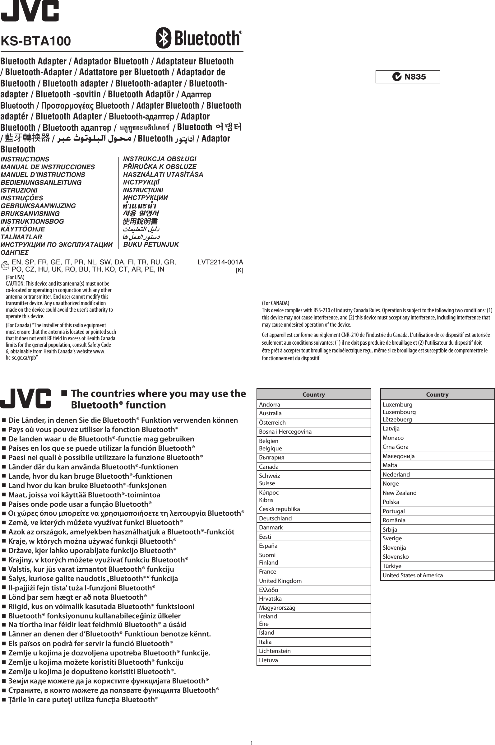 1Bluetooth Adapter / Adaptador Bluetooth / Adaptateur Bluetooth / Bluetooth-Adapter / Adattatore per Bluetooth / Adaptador de Bluetooth / Bluetooth adapter / Bluetooth-adapter / Bluetooth-adapter / Bluetooth -sovitin / Bluetooth Adaptör / Адаптер Bluetooth / Προσαρμογέας Bluetooth / Adapter Bluetooth / Bluetooth adaptér / Bluetooth Adapter / Bluetooth-адаптер / Adaptor Bluetooth / Bluetooth адаптер / ∫≈Ÿ∑Ÿ∏Õ–·¥Áª‡µÕ√å USB [”À√—∫„™È„πÀ¿“æ¬ÿ‚√ª‡∑Ë“π—Èπ]• ‚≈‚°È·≈–‡§√◊ËÕßÀ¡“¬§”«ò“ Bluetooth ‡ªìπ¢Õß∫√î…í∑ Bluetooth SIG, Inc. ·≈–°“√„™È‡§√◊ËÕßÀ¡“¬¥íß°≈ò“«‚¥¬∫√î…í∑ Victor Company of Japan, Limited (JVC) Õ¬ËŸ¿“¬‰¥È°“√Õπÿ≠“µ„™ô‡§√◊ËÕßÀ¡“¬°“√§ô“·≈–™ïòÕ∑“ß°“√§È“Õ◊ËπÊ ‡ªìπî∑∏îú¢ß‡®ô“¢Õß‡§√ïòÕßÀ¡“¬°“√§ô“¥—ß°≈ò“«•  Õ–·¥ª‡µÕ√åπ’È‰¥â√—∫°“√ÕÕ°·∫∫„Àâ„™â°—∫Õÿª°√≥å√—∫—≠≠“≥„π√∂¬πµå¢Õß JVC ‡∑à“π—Èπ Õ¬à“„™âÕ–·Õª‡µÕ√åπ’È°—∫Õÿª°√≥å√—∫—≠≠“≥„π√∂¬πµå™π‘¥Õ◊ËπÊ  Ì“À√—∫√“¬≈–‡Õ’¬¥Õ◊ËπÊ ‚ª√¥¥Ÿ®“°§Ÿà¡◊Õ∑’Ë®—¥àß„Àâæ√âÕ¡°—∫‡§√◊ËÕß√—∫—≠≠“≥¢Õß§ÿ≥ ‰∑¬TH_KS-UBT1.indd   1 1/19/09   12:43:28 PM /   /   /   /   / Adaptor Bluetooth LVT2214-001A[K]EN, SP, FR, GE, IT, PR, NL, SW, DA, FI, TR, RU, GR, PO, CZ, HU, UK, RO, BU, TH, KO, CT, AR, PE, INKS-BTA100INSTRUCTIONSMANUAL DE INSTRUCCIONESMANUEL D’INSTRUCTIONSBEDIENUNGSANLEITUNGISTRUZIONIINSTRUÇÕESGEBRUIKSAANWIJZINGBRUKSANVISNINGINSTRUKTIONSBOGKÄYTTÖOHJETALİMATLARИНСТРУКЦИИ ПО ЭКСПЛУАТАЦИИΟΔΗΓΙΕΣINSTRUKCJA OBSŁUGIPŘÍRUČKA K OBSLUZEHASZNÁLATI UTASÍTÁSAІНСТРУКЦІЇINSTRUCŢIUNIИНСТРУКЦИИBUKU PETUNJUK(For CANADA)This device complies with RSS-210 of industry Canada Rules. Operation is subject to the following two conditions: (1) this device may not cause interference, and (2) this device must accept any interference, including interference that may cause undesired operation of the device.Cet appareil est conforme au règlement CNR-210 de l’industrie du Canada. L’utilisation de ce dispositif est autorisée seulement aux conditions suivantes: (1) il ne doit pas produire de brouillage et (2) l’utilisateur du dispositif doit être prêt à accepter tout brouillage radioélectrique reçu, même si ce brouillage est susceptible de compromettre le fonctionnement du dispositif.(For USA)CAUTION: This device and its antenna(s) must not beco-located or operating in conjunction with any otherantenna or transmitter. End user cannot modify thistransmitter device. Any unauthorized modificationmade on the device could avoid the user’s authority tooperate this device.(For Canada) “The installer of this radio equipmentmust ensure that the antenna is located or pointed suchthat it does not emit RF field in excess of Health Canadalimits for the general population, consult Safety Code6, obtainable from Health Canada’s website www.hc-sc.gc.ca/rpb” The countries where you may use the Bluetooth® functionععععععععععععععععععععععععععععععع  Die Länder, in denen Sie die Bluetooth® Funktion verwenden können  Pays où vous pouvez utiliser la fonction Bluetooth®  De landen waar u de Bluetooth®-functie mag gebruiken  Países en los que se puede utilizar la función Bluetooth®  Paesi nei quali è possibile utilizzare la funzione Bluetooth®  Länder där du kan använda Bluetooth®-funktionen  Lande, hvor du kan bruge Bluetooth®-funktionen  Land hvor du kan bruke Bluetooth®-funksjonen  Maat, joissa voi käyttää Bluetooth®-toimintoa  Países onde pode usar a função Bluetooth®  Země, ve kterých můžete využívat funkci Bluetooth®  Azok az országok, amelyekben használhatjuk a Bluetooth®-funkciót  Kraje, w których można używać funkcji Bluetooth®  Države, kjer lahko uporabljate funkcijo Bluetooth®  Krajiny, v ktorých môžete využívať funkciu Bluetooth®  Valstis, kur jūs varat izmantot Bluetooth® funkciju  Šalys, kuriose galite naudotis „Bluetooth®“ funkcija  Il-pajjiżi fejn tista’ tuża l-funzjoni Bluetooth®  Lönd þar sem hægt er að nota Bluetooth®  Riigid, kus on võimalik kasutada Bluetooth® funktsiooni  Bluetooth® fonksiyonunu kullanabileceğiniz ülkeler  Na tíortha inar féidir leat feidhmiú Bluetooth® a úsáid  Länner an denen der d’Bluetooth® Funktioun benotze kënnt.  Els països on podrà fer servir la funció Bluetooth®  Zemlje u kojima je dozvoljena upotreba Bluetooth® funkcije.  Zemlje u kojima možete koristiti Bluetooth® funkciju  Zemlje u kojima je dopušteno koristiti Bluetooth®.  Земји каде можете да ја користите функцијата Bluetooth®  Страните, в които можете да ползвате функцията Bluetooth®  Ţările în care puteţi utiliza funcţia Bluetooth®ع  Οι χώρες όπου μπορείτε να χρησιμοποιήσετε τη λειτουργία Bluetooth®CountryAndorraAustraliaÖsterreichBosna i HercegovinaBelgienBelgiqueБългарияCanadaSchweizSuisseΚύπροςKıbrısČeská republikaDeutschlandDanmarkEestiEspañaSuomiFinlandFranceUnited KingdomΕλλάδαHrvatskaMagyarországIrelandÉireÍslandItaliaLichtensteinLietuvaCountryLuxemburgLuxembourgLëtzebuergLatvijaMonacoCrna GoraМакедонијаMaltaNederlandNorgeNew ZealandPolskaPortugalRomâniaSrbijaSverigeSlovenijaSlovenskoTürkiyeUnited States of America