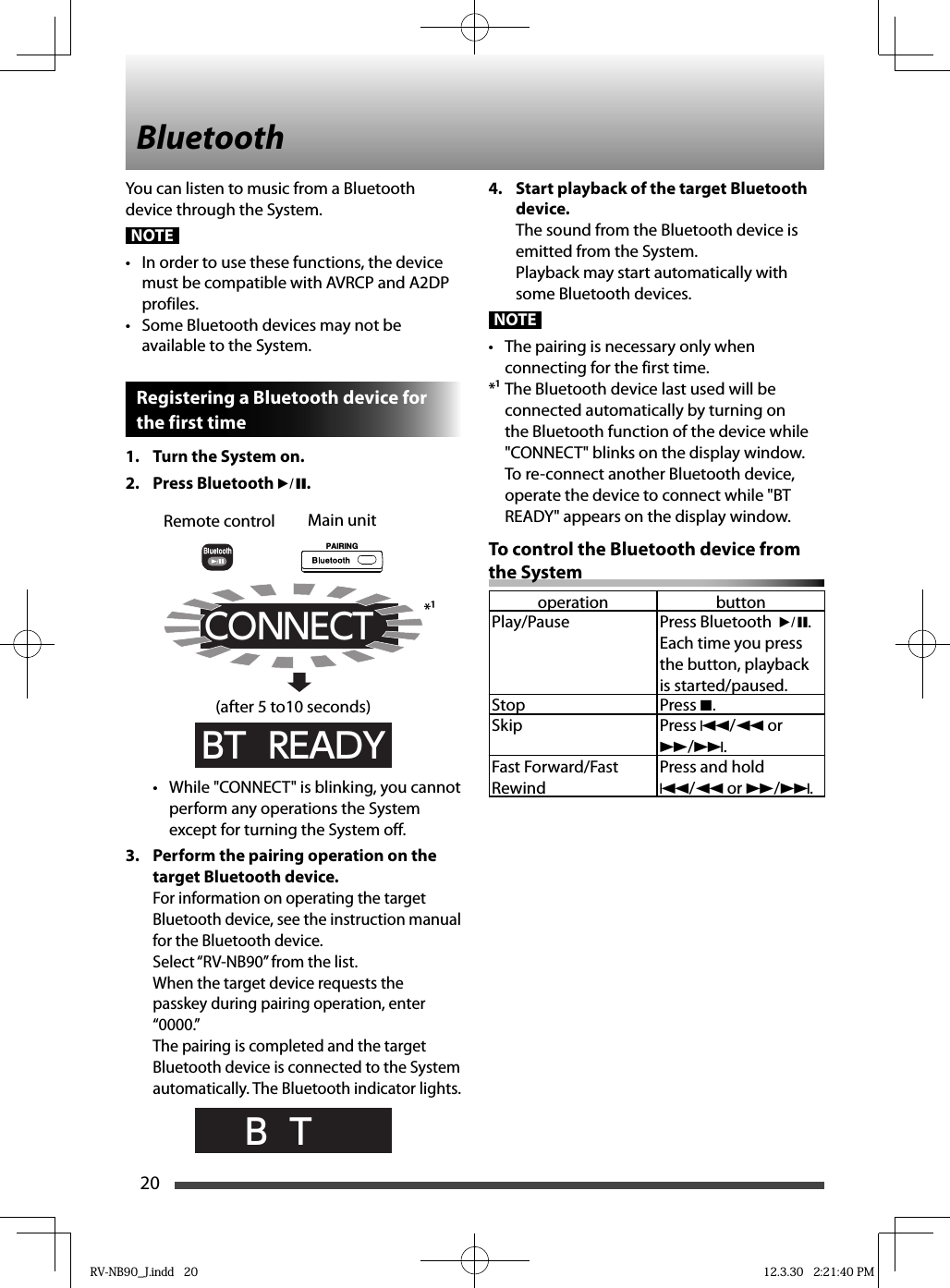 20You can listen to music from a Bluetooth device through the System.NOTE•  In order to use these functions, the device must be compatible with AVRCP and A2DP profiles.•  Some Bluetooth devices may not be available to the System.Registering a Bluetooth device for the first time1.  Turn the System on.2. Press Bluetooth 6.PAIRINGCONNECTBT  READY• While &quot;CONNECT&quot; is blinking, you cannot perform any operations the System except for turning the System off.3.  Perform the pairing operation on the target Bluetooth device.For information on operating the target Bluetooth device, see the instruction manual for the Bluetooth device.Select “RV-NB90” from the list.When the target device requests the passkey during pairing operation, enter “0000.”The pairing is completed and the target Bluetooth device is connected to the System automatically. The Bluetooth indicator lights.    B  TMain unitRemote control (after 5 to10 seconds)*Bluetooth4.  Start playback of the target Bluetooth device.The sound from the Bluetooth device is emitted from the System.Playback may start automatically with some Bluetooth devices.NOTE•  The pairing is necessary only when connecting for the first time.* The Bluetooth device last used will be connected automatically by turning on the Bluetooth function of the device while &quot;CONNECT&quot; blinks on the display window. To re-connect another Bluetooth device, operate the device to connect while &quot;BT READY&quot; appears on the display window.To control the Bluetooth device from the Systemoperation buttonPlay/Pause Press Bluetooth  6.Each time you press the button, playback is started/paused.Stop Press 7.Skip Press 4/1 or ¡/¢.Fast Forward/Fast RewindPress and hold 4/1 or ¡/¢.RV-NB90_J.indd   20RV-NB90_J.indd   20 12.3.30   2:21:40 PM12.3.30   2:21:40 PM