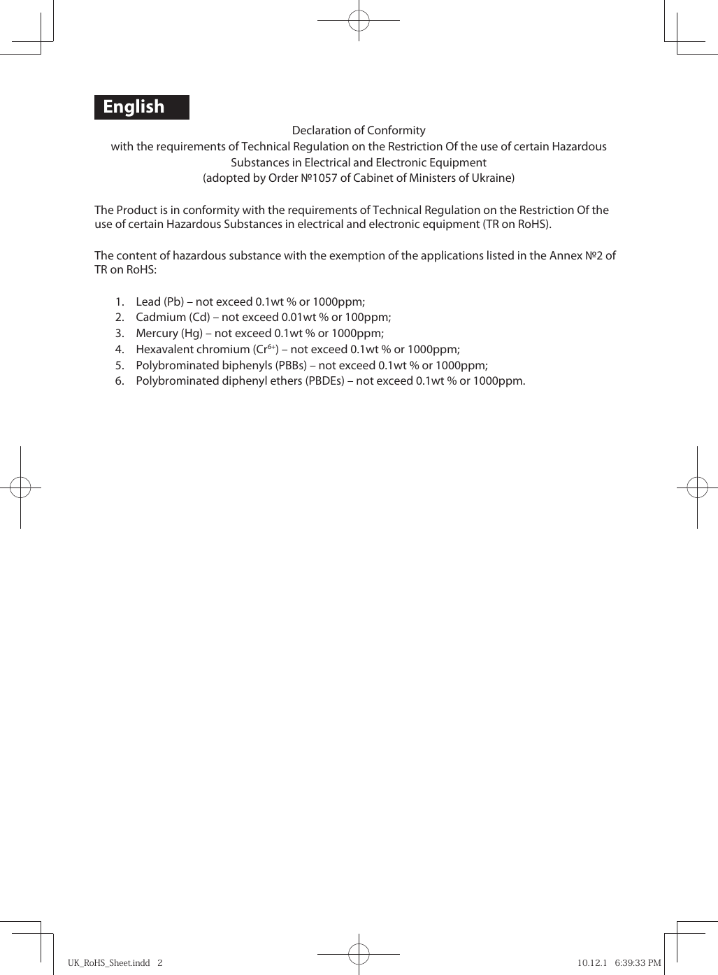 Page 2 of 2 - JVC COMMON+USE UK RoHS Sheet User Manual COMMON USE LVT2231-001A