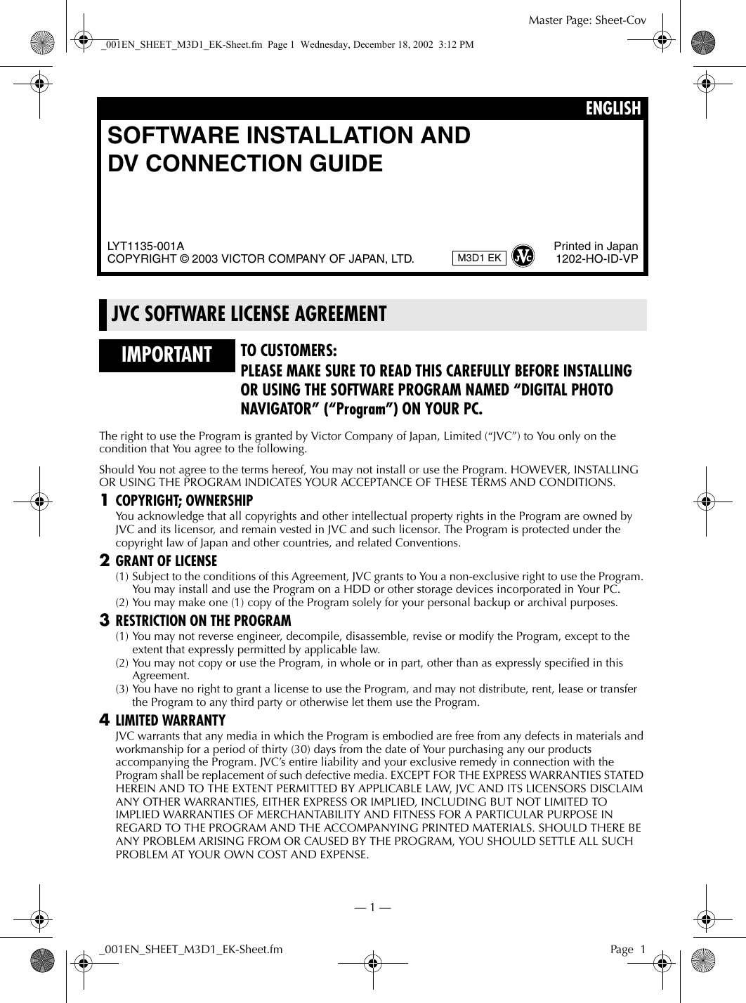 Page 1 of 8 - JVC GR-D21EK+(Install) _001EN_SHEET_M3D1_EK-Sheet User Manual GR-D21EK (Install), GR-D31EK (Install) LYT1135-001A