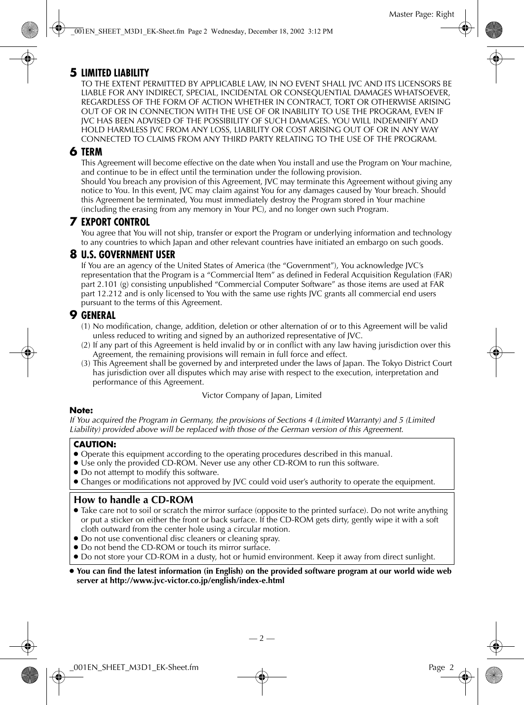 Page 2 of 8 - JVC GR-D21EK+(Install) _001EN_SHEET_M3D1_EK-Sheet User Manual GR-D21EK (Install), GR-D31EK (Install) LYT1135-001A