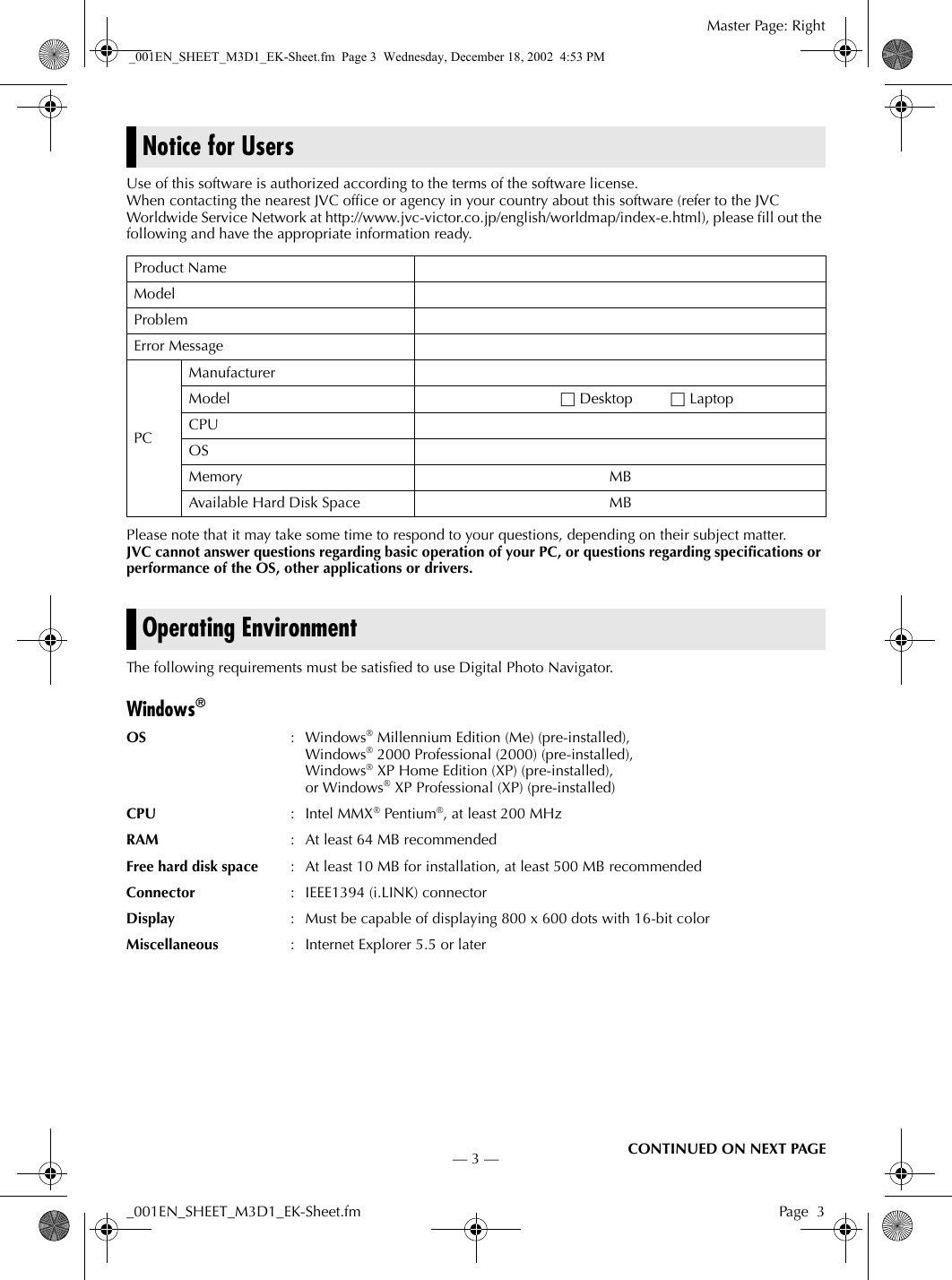 Page 3 of 8 - JVC GR-D21EK+(Install) _001EN_SHEET_M3D1_EK-Sheet User Manual GR-D21EK (Install), GR-D31EK (Install) LYT1135-001A