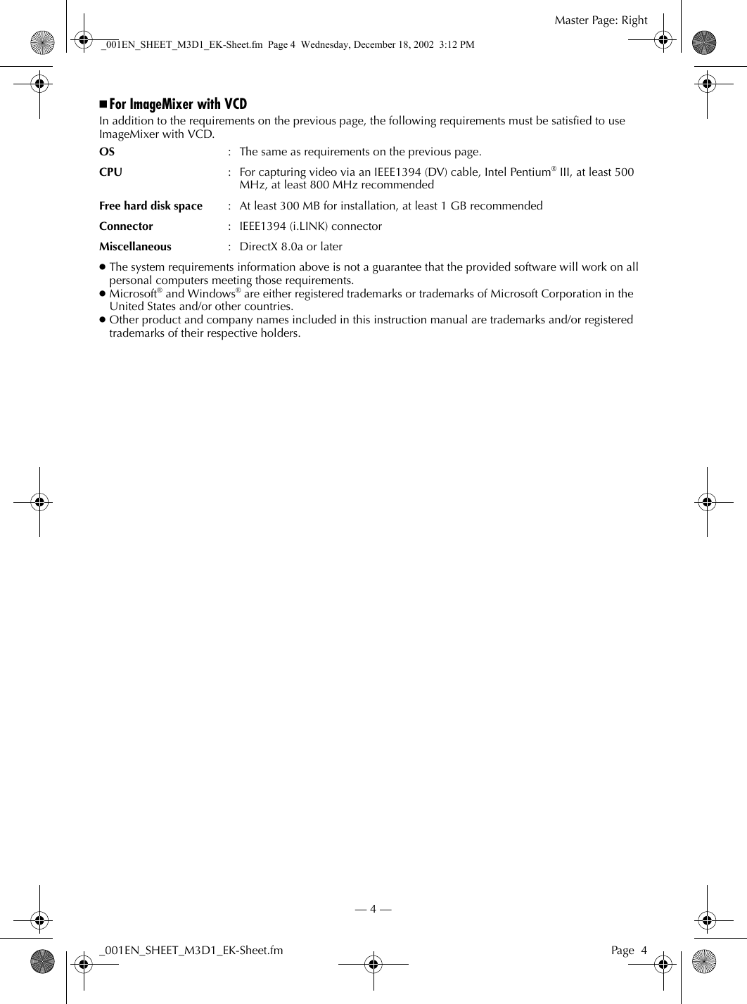 Page 4 of 8 - JVC GR-D21EK+(Install) _001EN_SHEET_M3D1_EK-Sheet User Manual GR-D21EK (Install), GR-D31EK (Install) LYT1135-001A