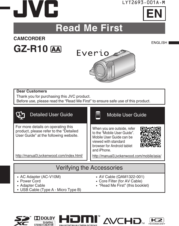 Page 1 of 8 - JVC GZ-R10BAA GZ-R10 [AA] User Manual GZ-R10BAA, GZ-R10RAA LYT2693-001A-M