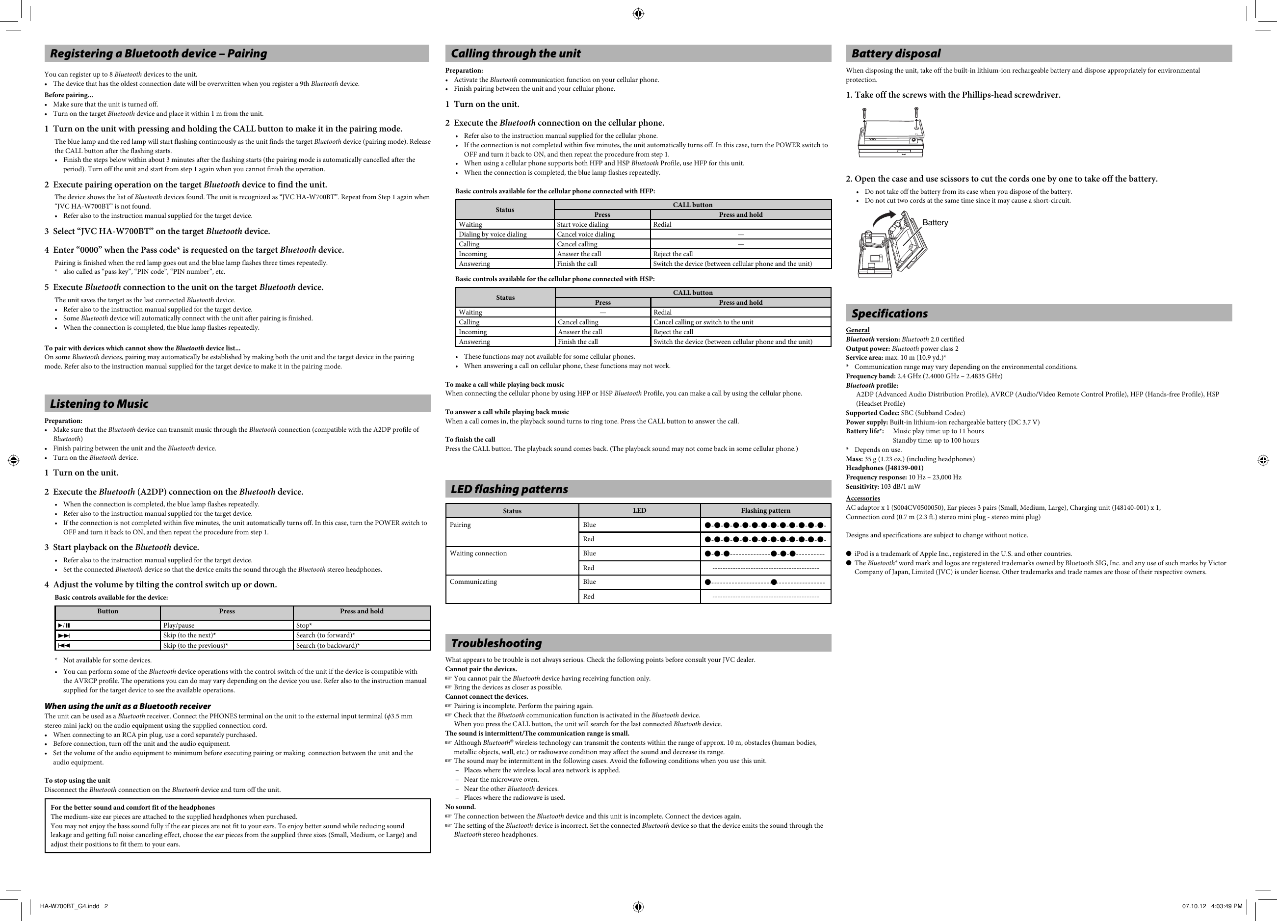 Page 2 of 2 - JVC HA-W700BT-G HA-W700BT_G4 User Manual LNT0095-001B