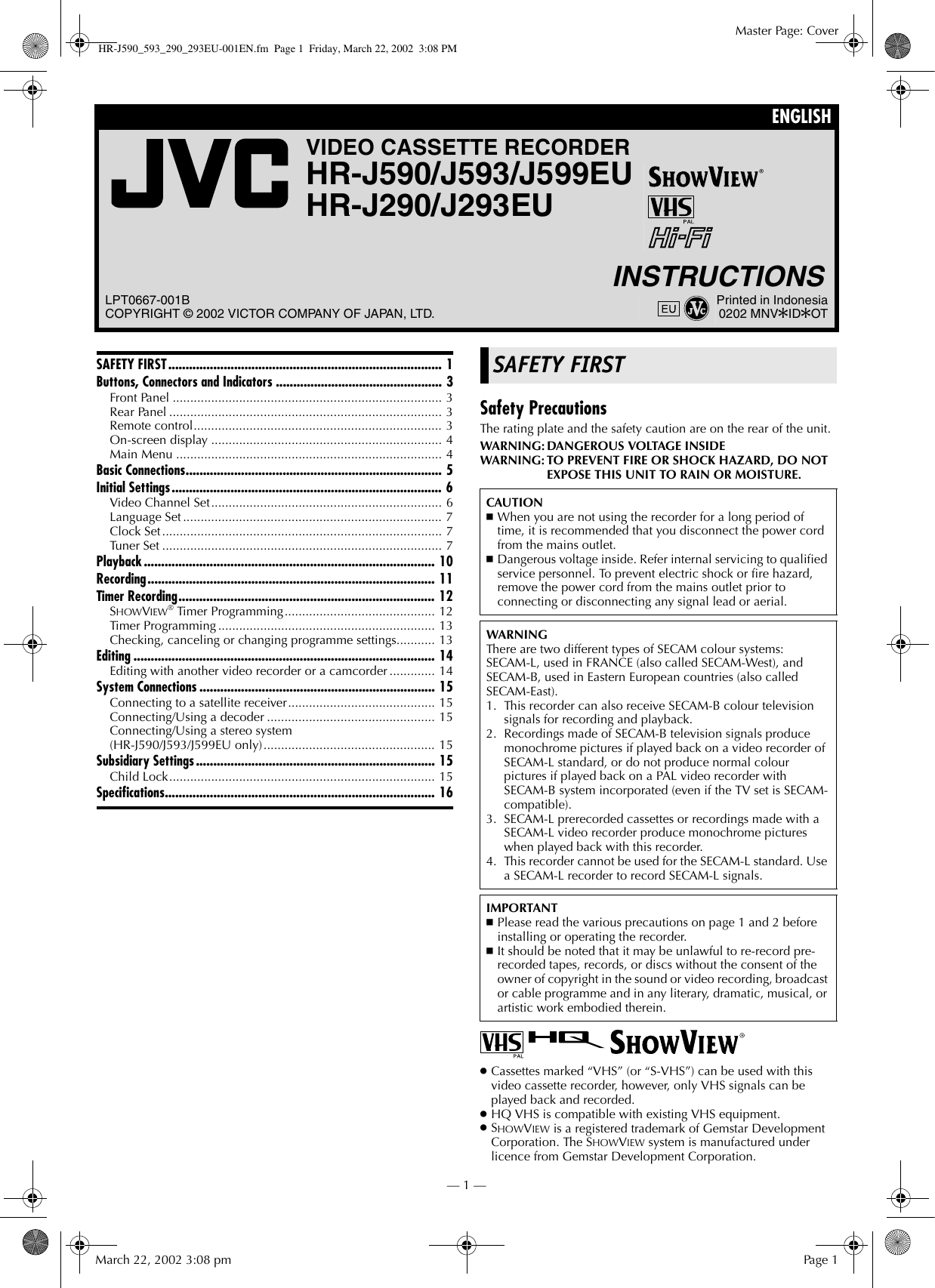 Jvc Hr J290eu User Manual J290eu J293eu J590eu J593eu Lpt0667 001b