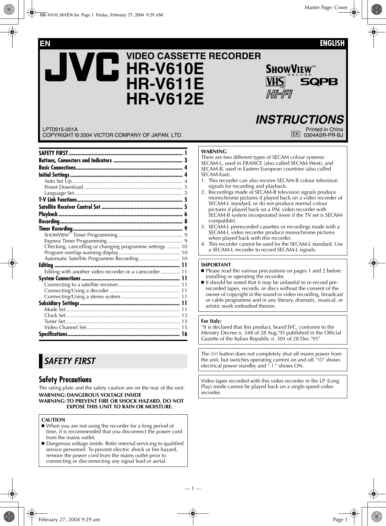 JVC HR V610E User Manual LPT0915 001A
