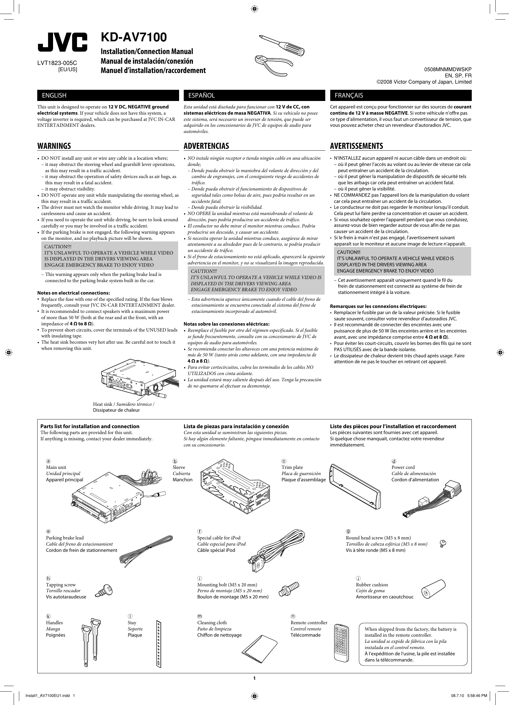 Page 1 of 6 - JVC KD-AV7100EUKD-AV7100US KD-AV7100[EU/US] INSTALL MANUAL User LVT1823-005C