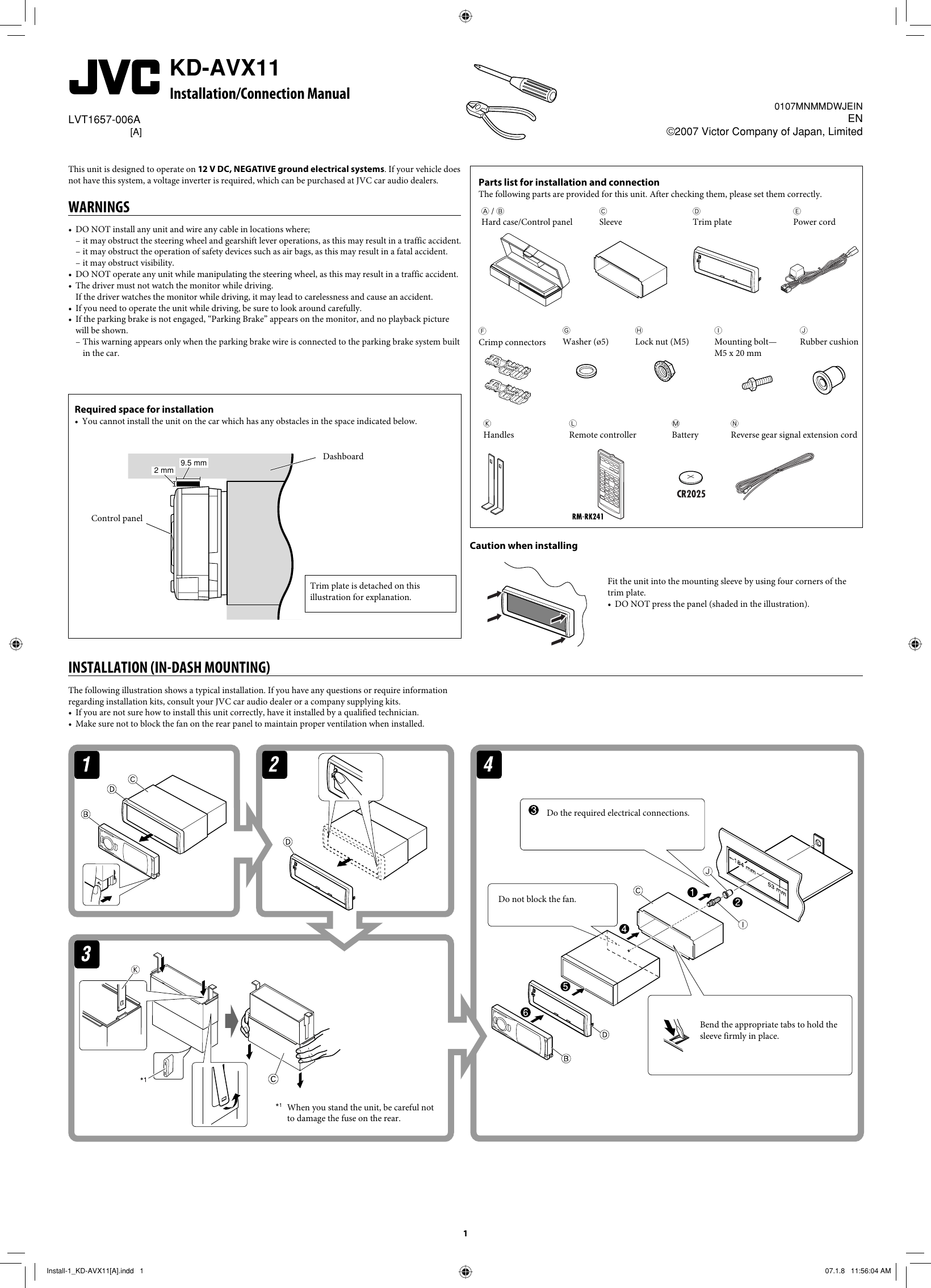 Page 1 of 4 - JVC KD-AVX11A KD-AVX11 Installation [A] User Manual LVT1657-006A