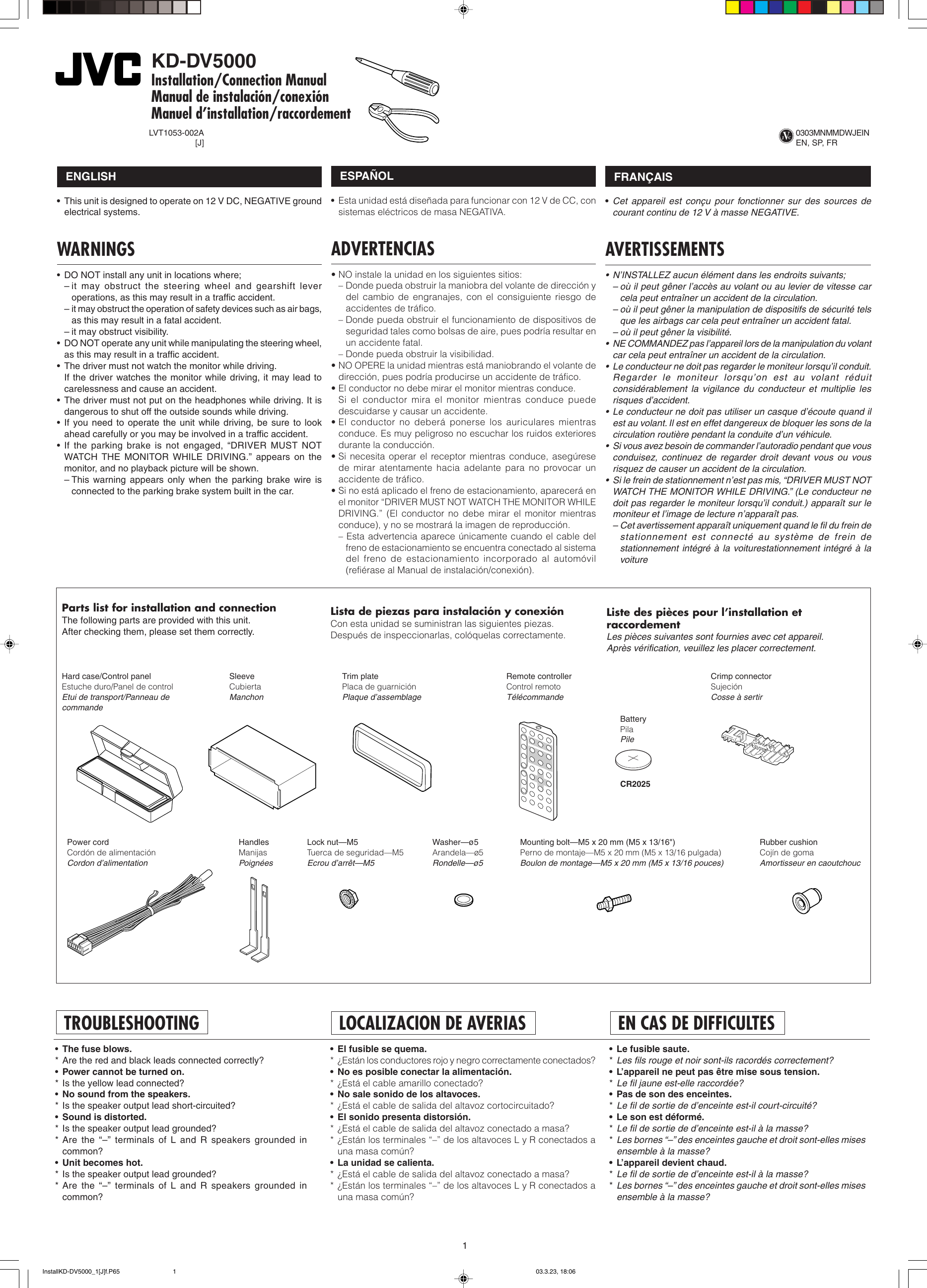 Page 1 of 6 - JVC KD-DV5000 InstallKD-DV5000_1[J]f.P65 User Manual LVT1053-002A