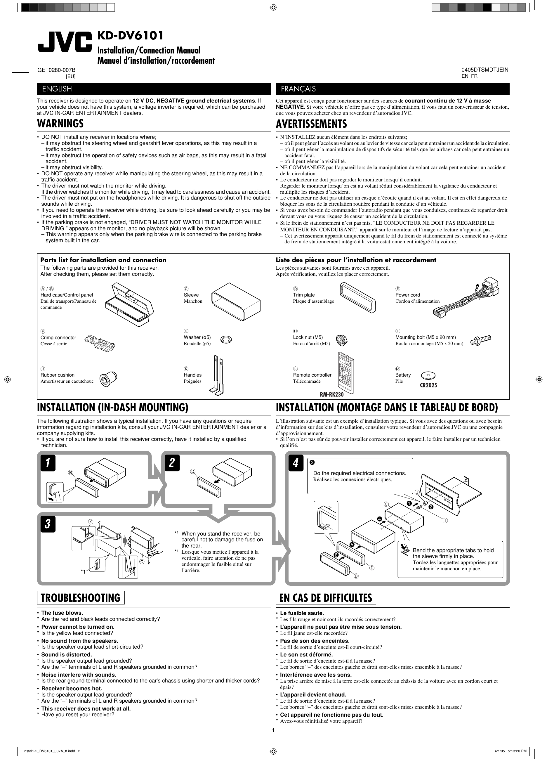 Page 1 of 4 - JVC KD-DV6101EU Instal1-2_DV6101_007A_f User Manual GET0280-007B