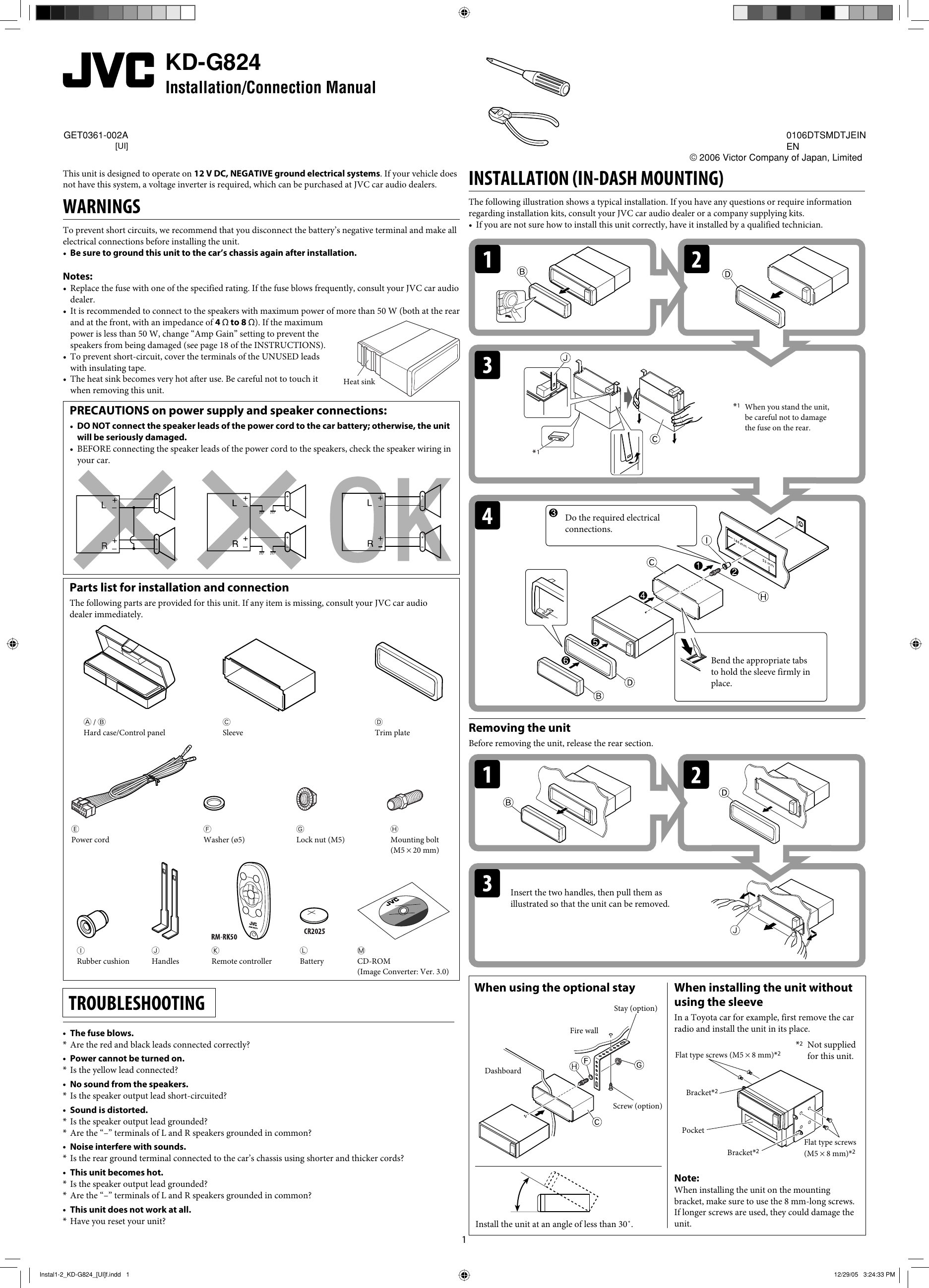 Page 1 of 2 - JVC KD-G824UI Instal1-2_KD-G824_[UI]f User Manual GET0361-002A