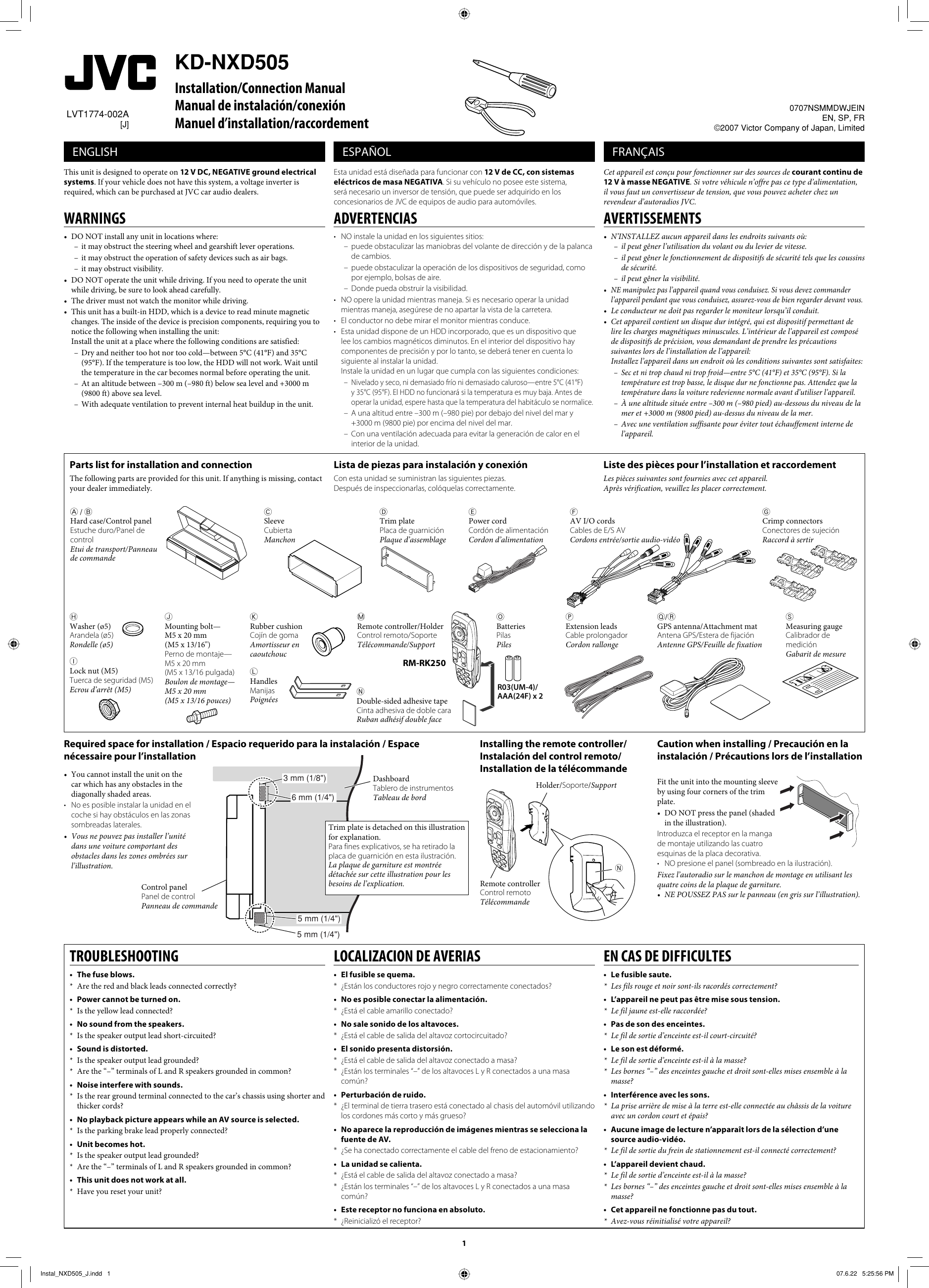 Page 1 of 6 - JVC KD-NXD505J KD-NXD505[J]Installation Manual User LVT1774-002A
