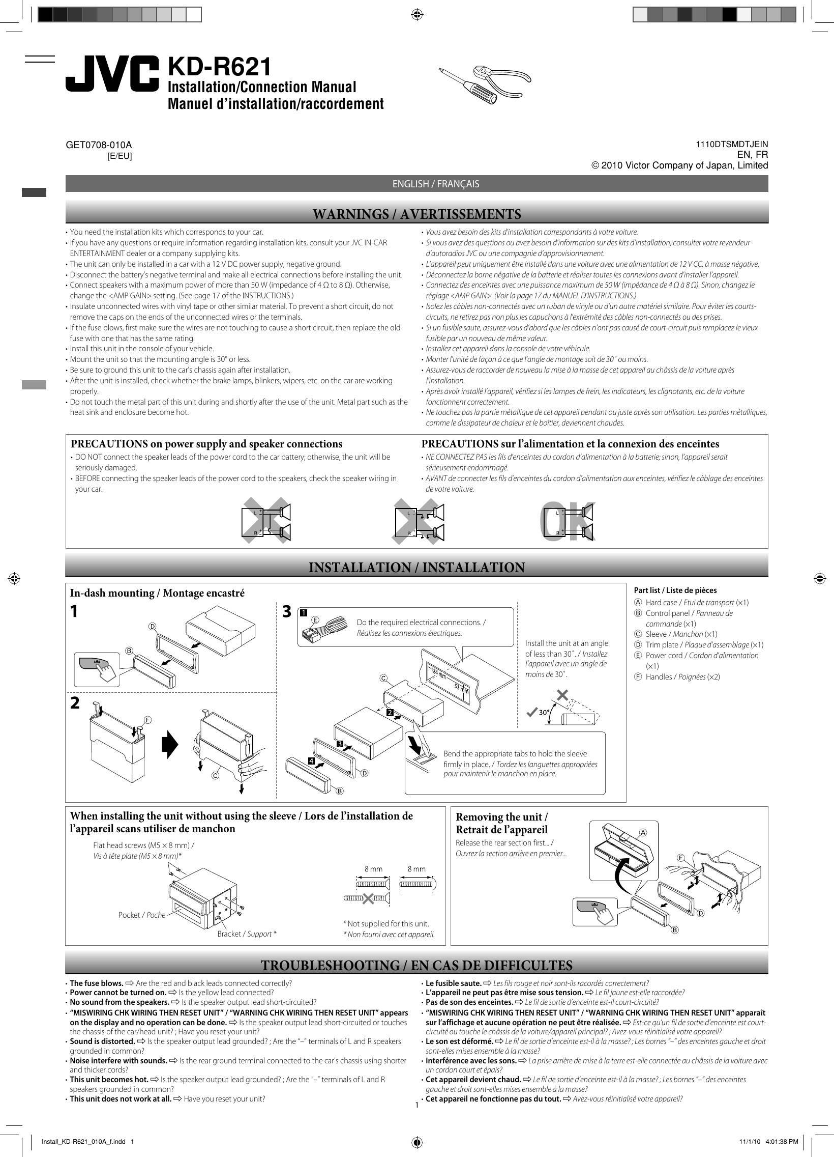 Page 1 of 2 - JVC KD-R621E Install_KD-R621_010A_1 User Manual KD-R621E, KD-R621EU GET0708-010A