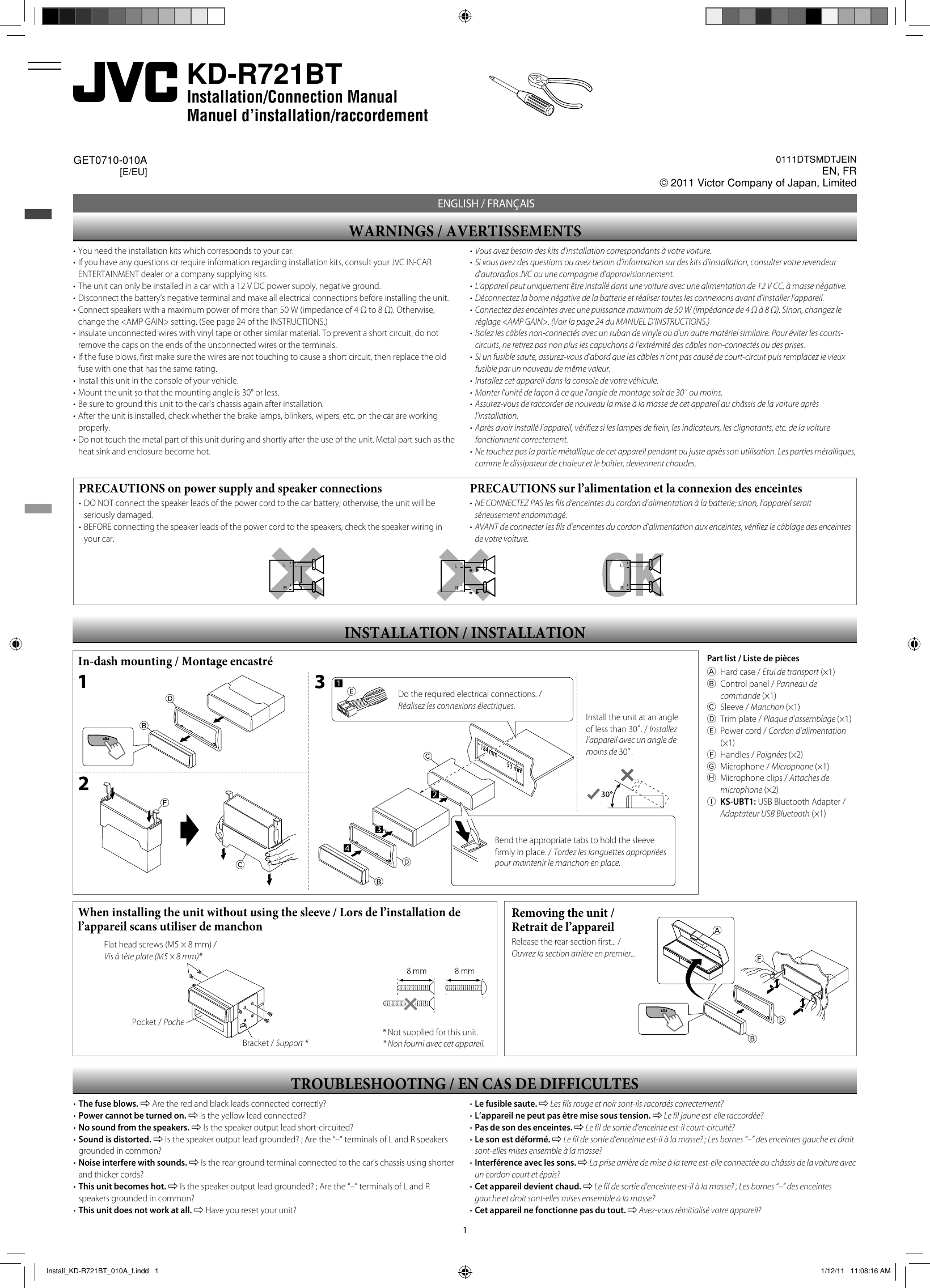 Page 1 of 2 - JVC KD-R721BTE Install_KD-R721BT_010A_f User Manual KD-R721BTE, KD-R721BTEU GET0710-010A