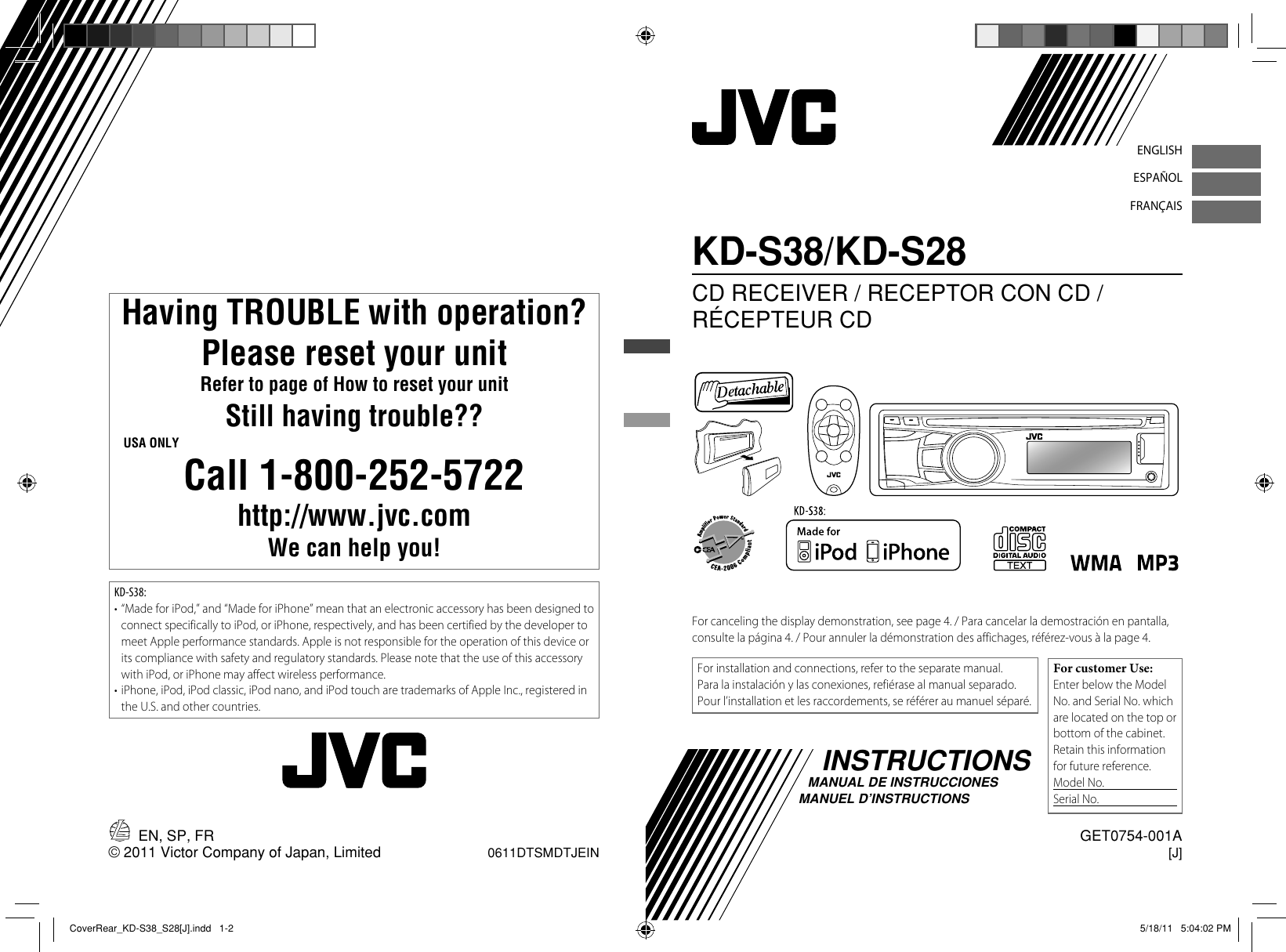 JVC KD S28J CoverRear_KD S38_S28[J] User Manual S28J, S38J GET0754 001A