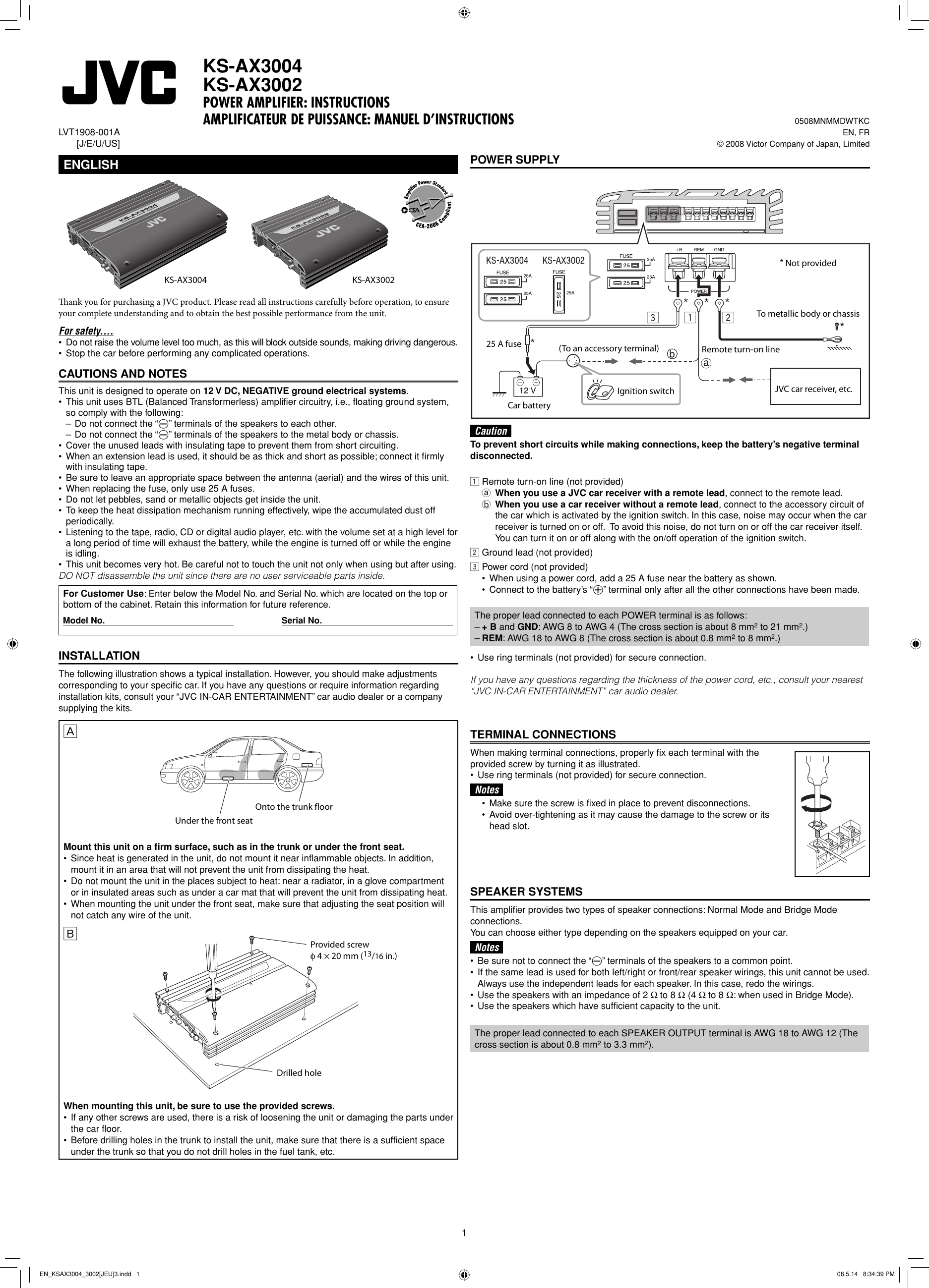 Page 1 of 6 - JVC KS-AX3002J/E/U/US KS-AX3004/KS-AX3002[J/E/U/US] User Manual KS-AX3002J/E/U/US, KS-AX3004J/E/U/US LVT1908-001A