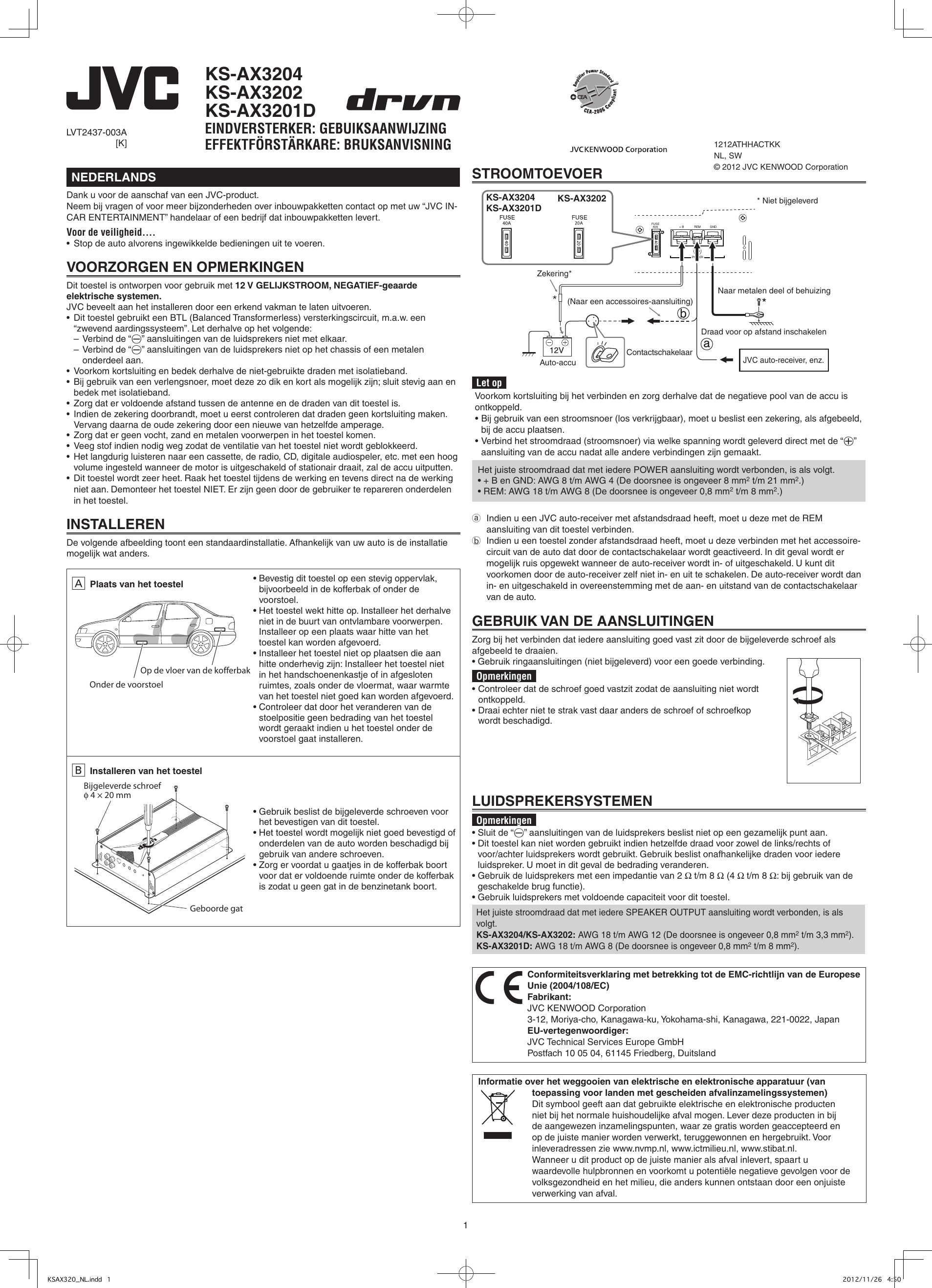 Page 1 of 6 - JVC KS-AX3201DK User Manual KS-AX3201DK, KS-AX3202K, KS-AX3204K LVT2437-003A