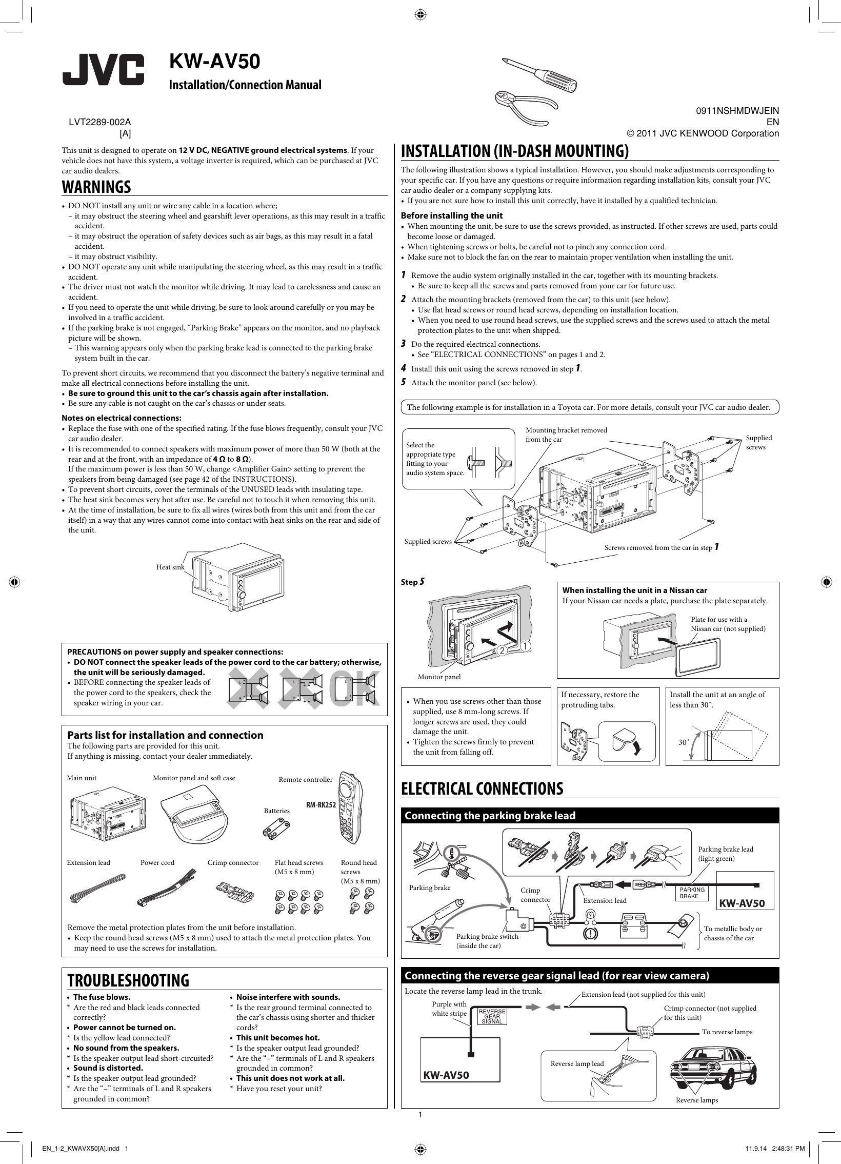 Page 1 of 2 - JVC KW-AV50A KW-AV50[A] Installation Manual User LVT2289-002A