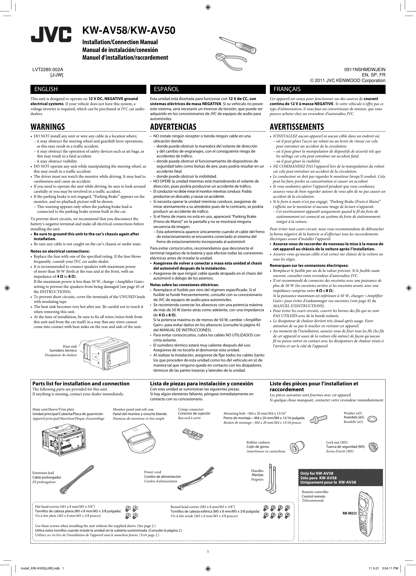 Page 1 of 6 - JVC KW-AV50J KW-AV58/KW-AV50[J/JW] User Manual KW-AV50J, KW-AV58J LVT2285-002A