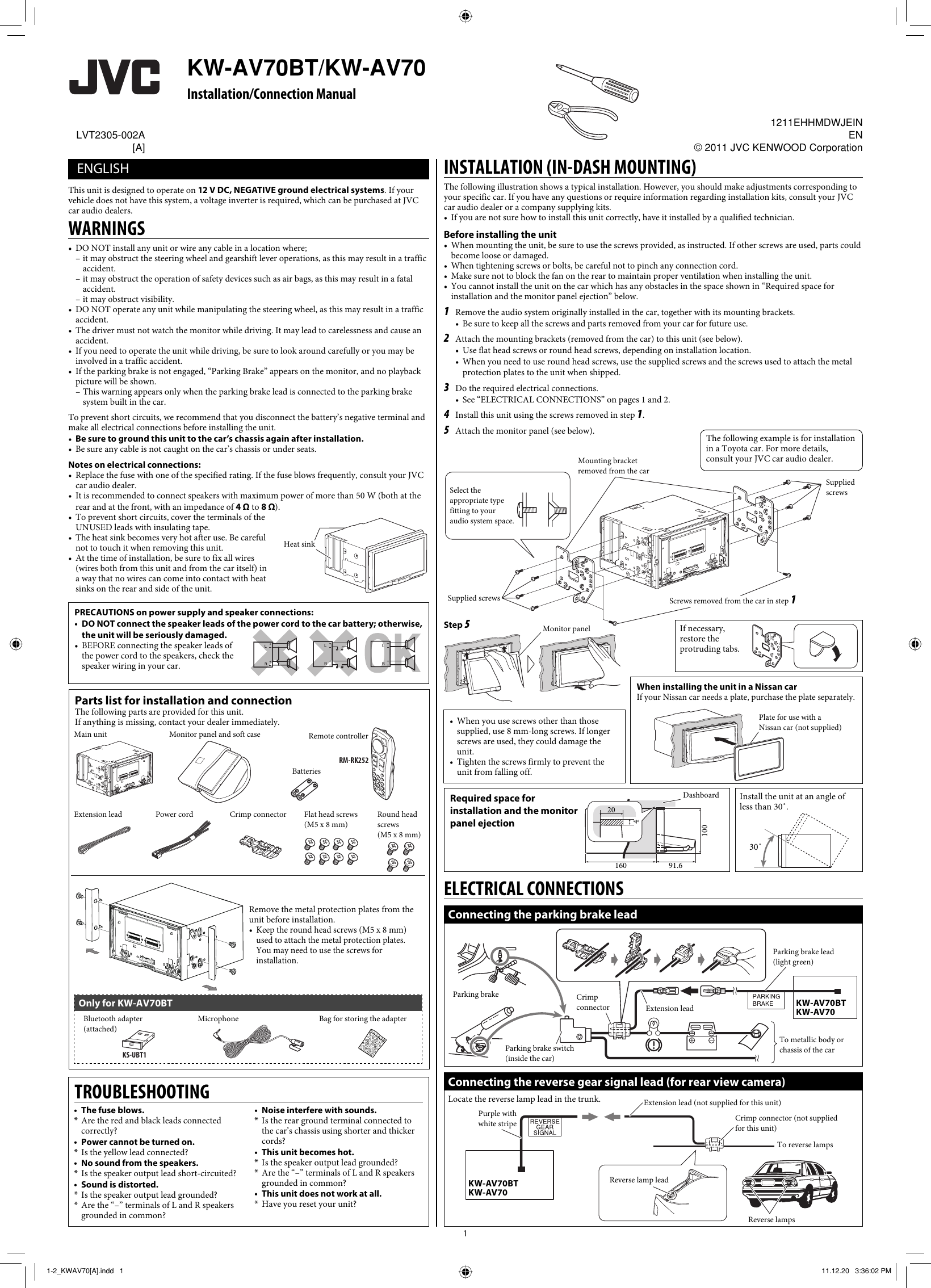 Page 1 of 2 - JVC KW-AV70A KW-AV70BT/KW-AV70[A] User Manual KW-AV70A, KW-AV70BTA LVT2305-002A