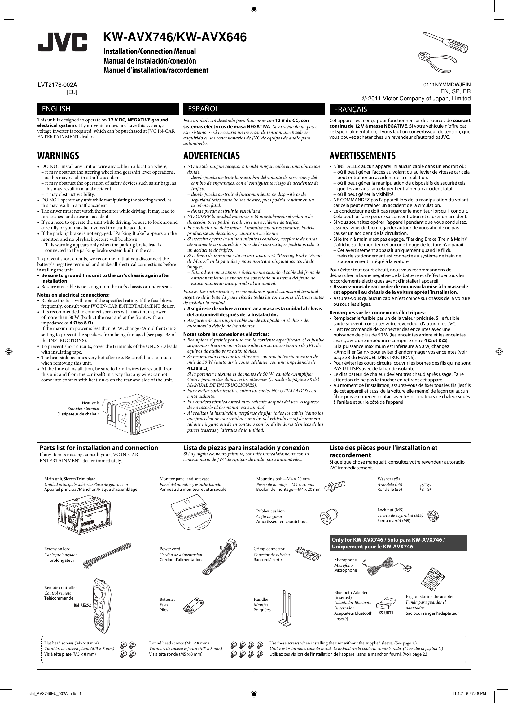 Page 1 of 6 - JVC KW-AVX646EU KW-AVX746/KW-AVX646[EU] User Manual KW-AVX646EU, KW-AVX746EU LVT2176-002A