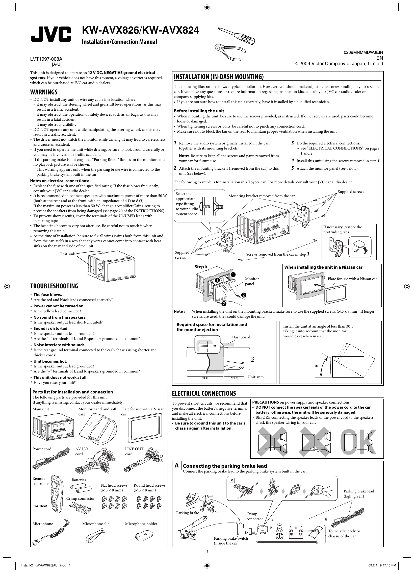 Page 1 of 2 - JVC KW-AVX824UI KW-AVX826/824[A/UI] Install User Manual LVT1997-008A