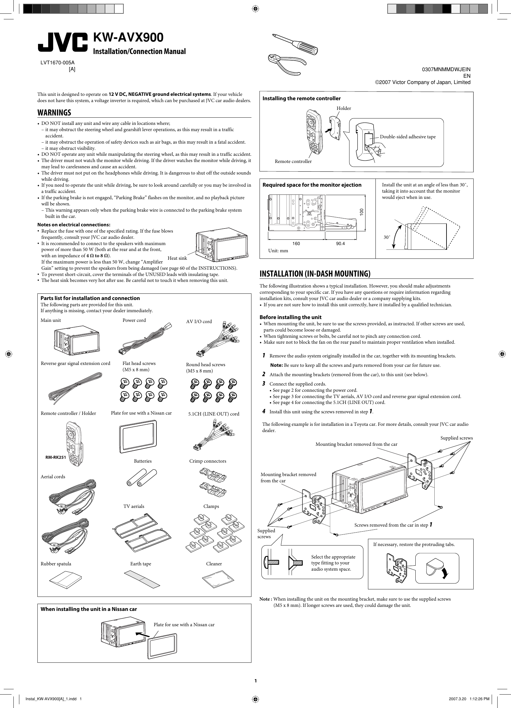 Page 1 of 4 - JVC KW-AVX900A KW-AVX900[A] Installation User Manual LVT1670-005A