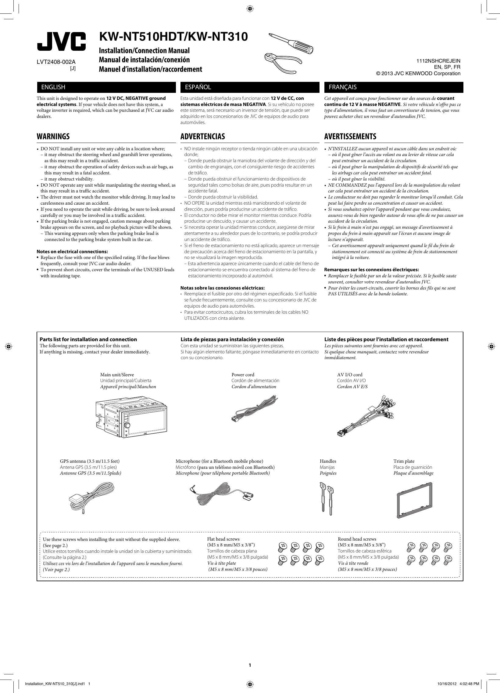 Page 1 of 8 - JVC KW-NT510HDTJ KW-NT510HDT/KW-NT310 User Manual LVT2408-002A