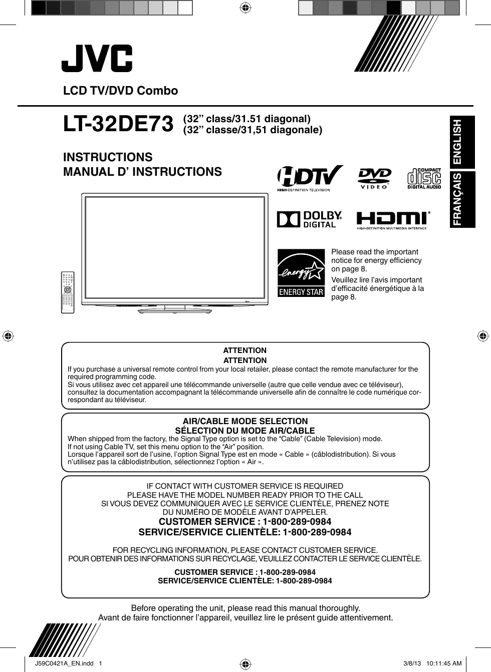 JVC LT 32DE73 32DE73AAR User Manual J59C0421A