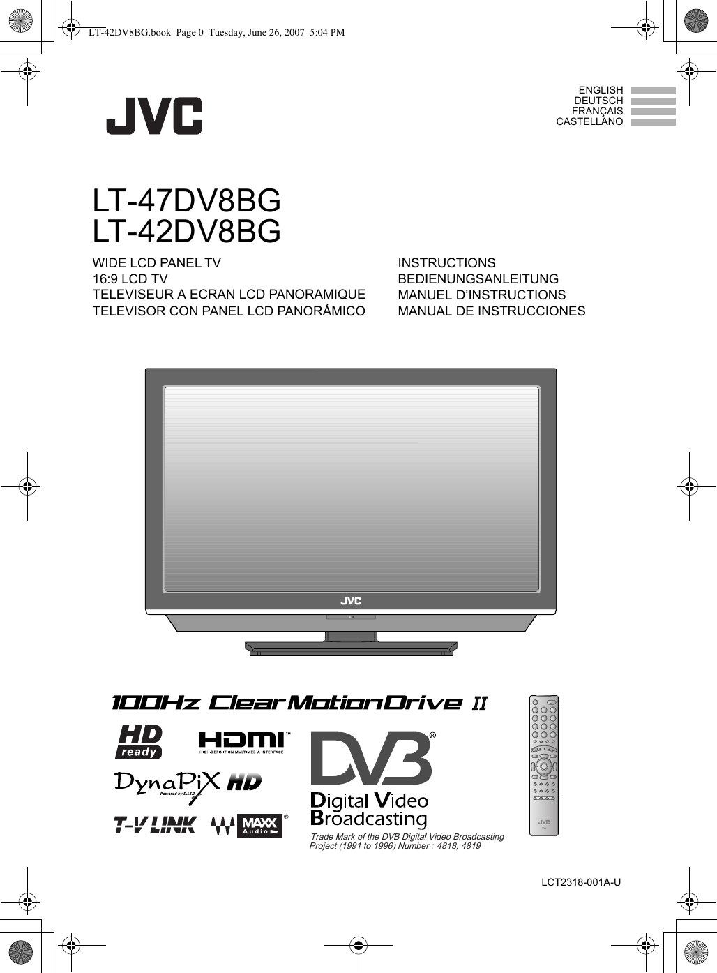 JVC LT 42DV8BG 47DV8BG/LT User Manual 42DV8BG, 47DV8BG LCT2318 001A U EN