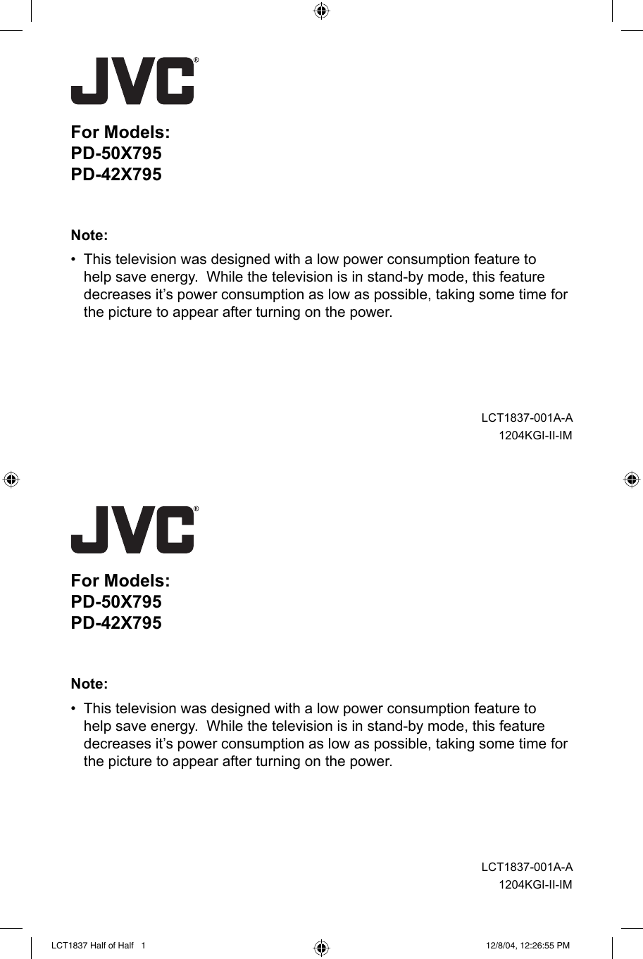 Page 1 of 1 - JVC PD-42X795 PD-42X795/PD-50X795 User Manual LCT1837-001A-A