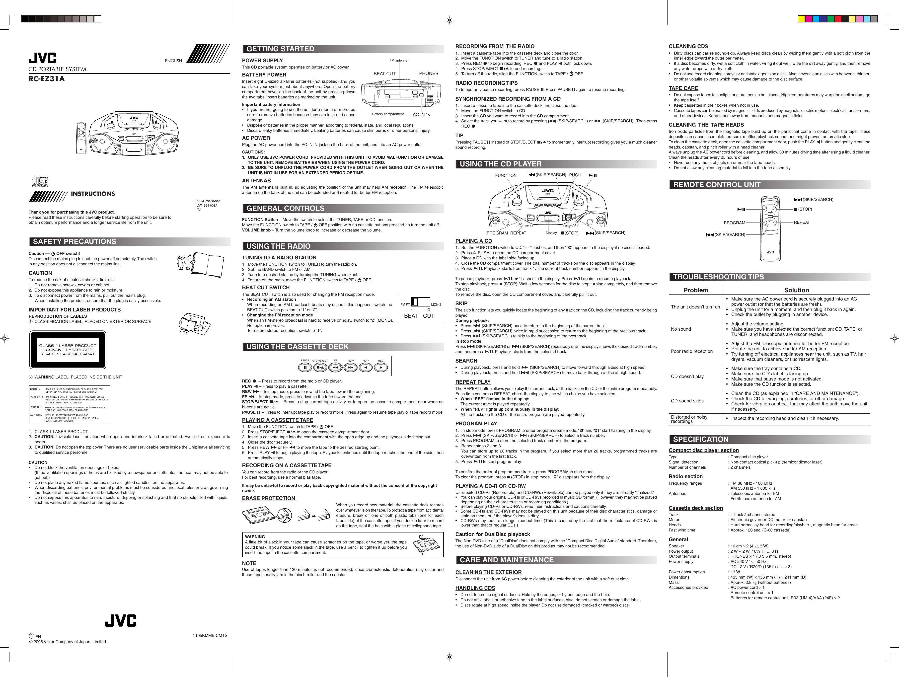 Page 1 of 1 - JVC RC-EZ31AA RC-EZ31A User Manual LVT1524-003A