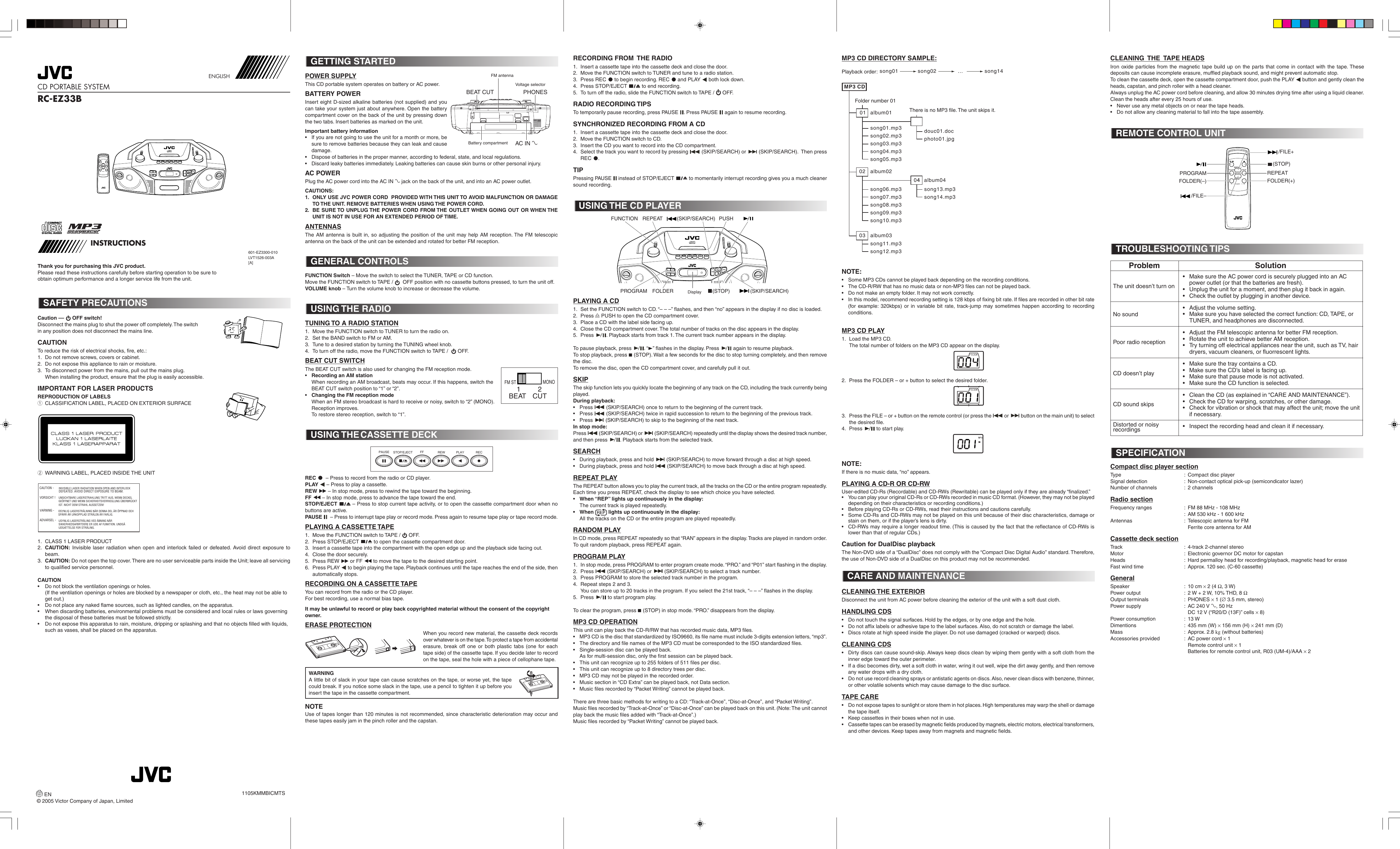 Page 1 of 1 - JVC RC-EZ33BA RC-EZ33B User Manual LVT1526-003A