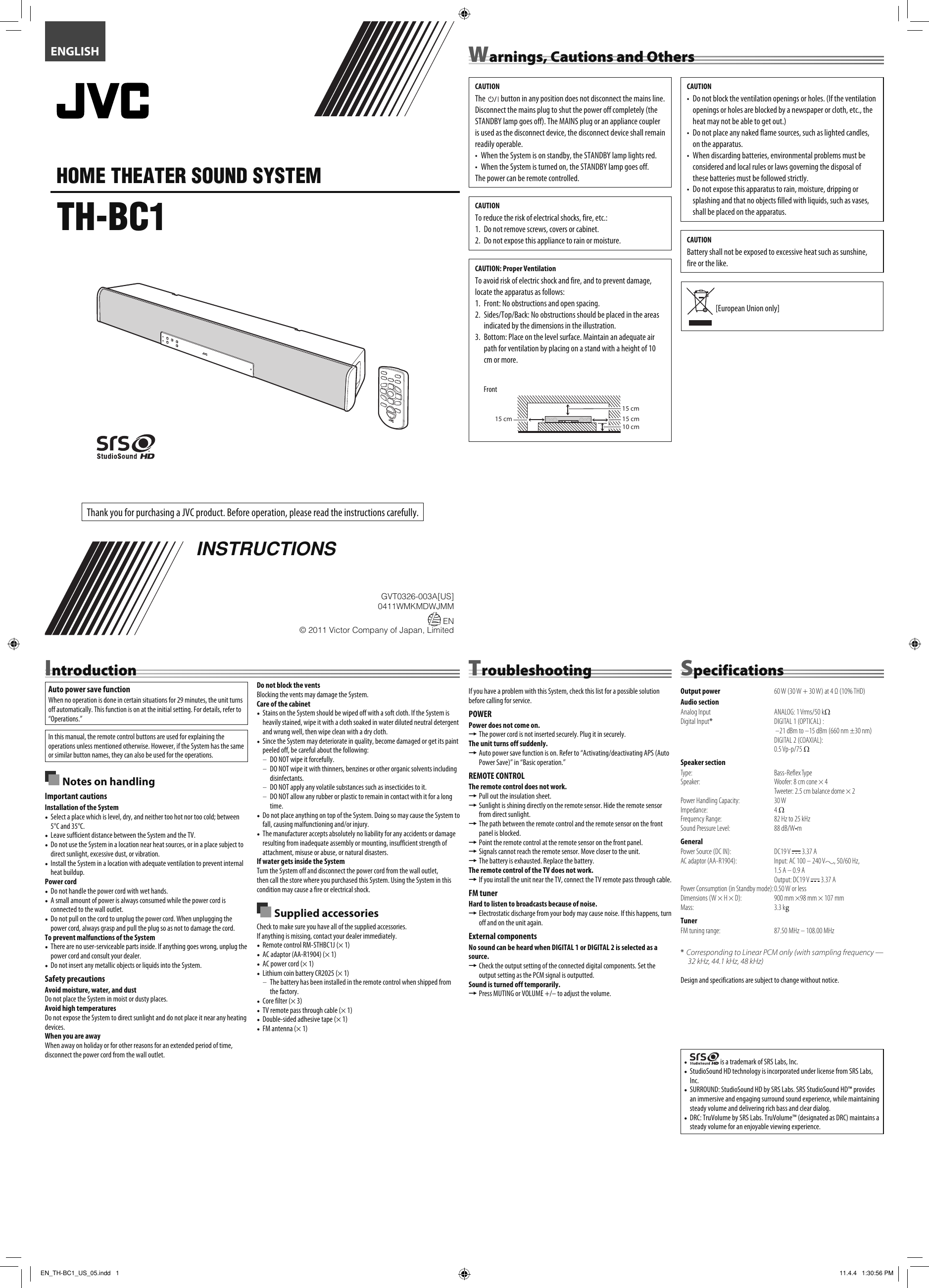 Page 1 of 2 - JVC TH-BC1US TH-BC1[US] User Manual GVT0326-003A