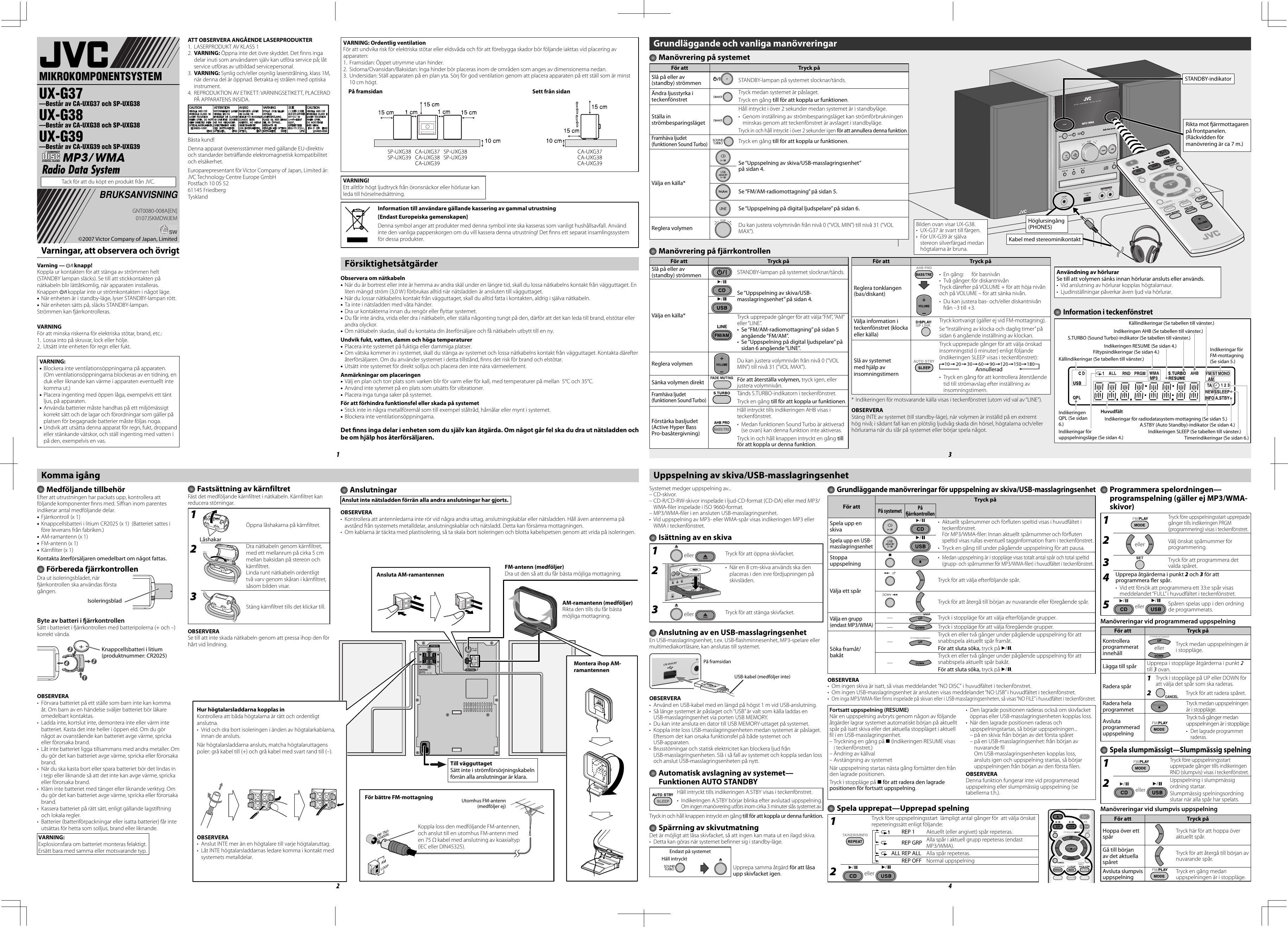 Page 1 of 2 - JVC UX-G39EN UX-G37/UX-G38/UX-G39 User Manual GNT0080-008A