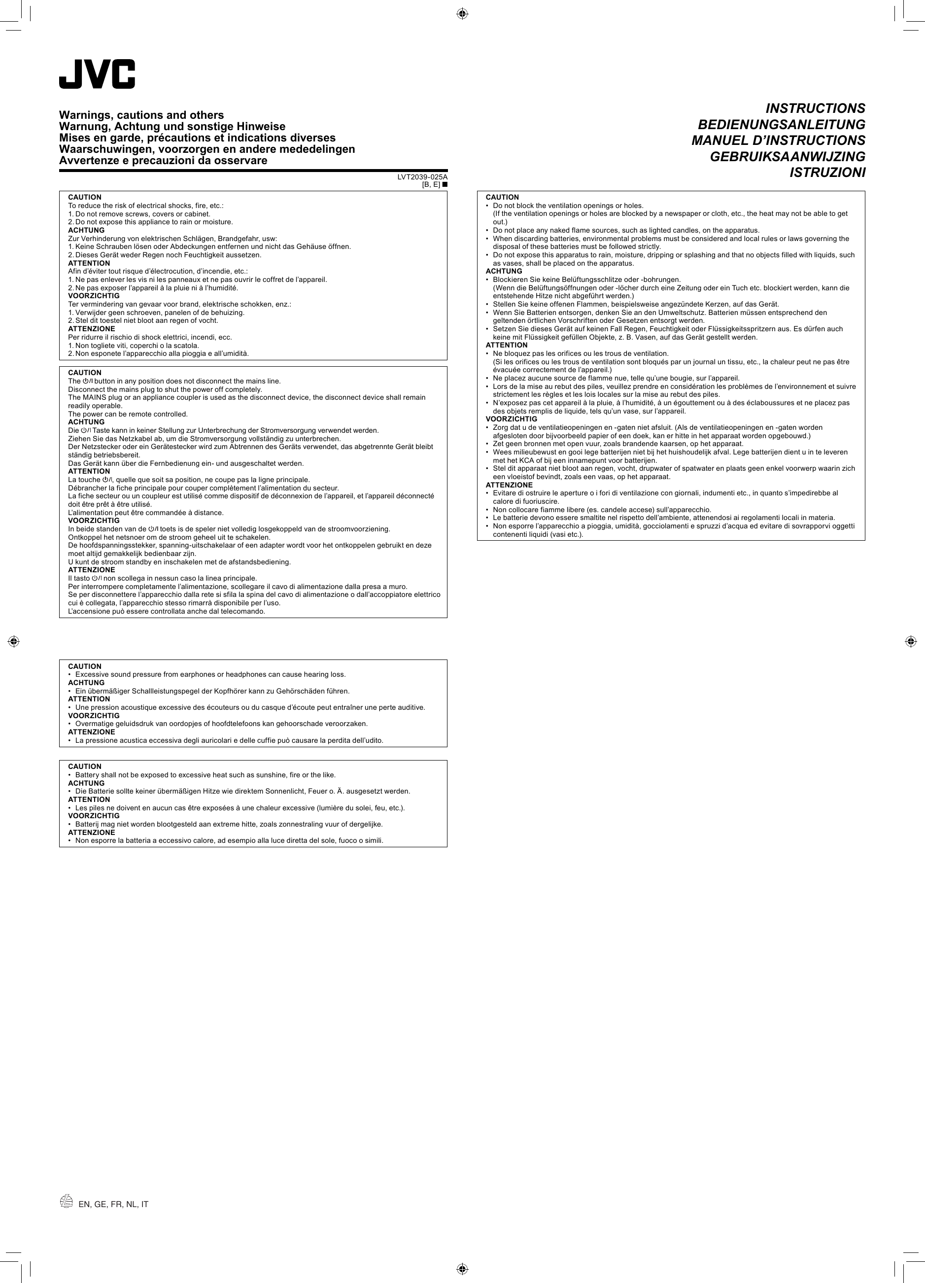 Page 1 of 2 - JVC UX-N5E UX-N5[E]_Safety　Sheet User Manual LVT2039-025A